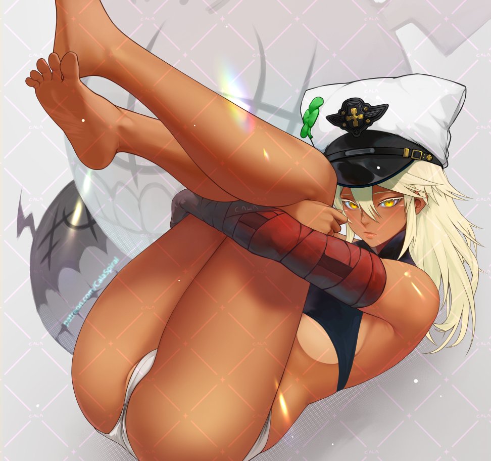 1girl artist_name bandaged_arm bandages bare_legs bare_shoulders barefoot breasts clover crop_top dark-skinned_female dark_skin english_commentary feet foot_out_of_frame four-leaf_clover gabriel_carrasquillo guilty_gear guilty_gear_strive hair_between_eyes hat leg_hold legs legs_up long_hair looking_at_viewer lying medium_breasts on_back patreon_username ramlethal_valentine shirt short_shorts shorts sleeveless sleeveless_shirt soles solo thighs toes underboob white_hair white_shorts yellow_eyes