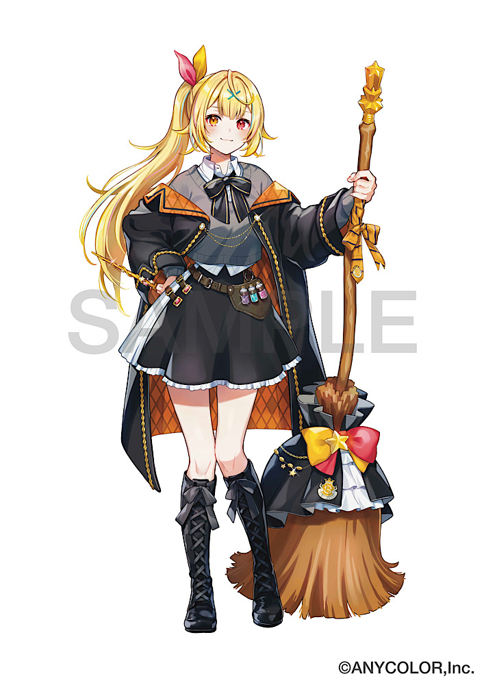 1girl belt_pouch black_footwear black_skirt blonde_hair blue_journey_(hololive) blush boots broom closed_mouth commentary_request cross-laced_footwear full_body grey_sweater hair_ornament hairclip halloween hand_on_own_hip heterochromia holding holding_broom hoshikawa_sara knee_boots lace-up_boots long_hair long_sleeves looking_at_viewer miniskirt nijisanji off_shoulder official_alternate_costume official_art orange_eyes potion pouch red_eyes shinishi_chiho side_ponytail simple_background skirt smile solo sweater very_long_hair vial virtual_youtuber white_background x_hair_ornament