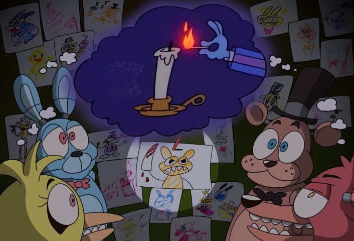 2023 animatronic anthro artist_logo artist_name avian beak bear bird black_bow_tie black_clothing black_hat black_headwear black_nose black_top_hat blue_body blue_eyes blue_fur bonnie_(fnaf) bow_tie brown_body brown_fur candle candlestick canid canine cel_shading chica_(fnaf) chicken clothing colored crossover detailed_background digital_media_(artwork) drawing feathers female female_anthro five_nights_at_freddy's five_nights_at_freddy's_(film) fox foxy_(fnaf) freddy_(fnaf) fur galliform gallus_(genus) group hat headgear headwear holding_matchstick inside lagomorph leporid logo machine male male_anthro mammal matchstick mixed_media nickelodeon open_mouth phasianid purple_eyes rabbit red_body red_fur robot rocko's_modern_life rockosedits scottgames shaded shared_thought_bubble style_parody teeth thought_bubble top_hat traditional_media_(artwork) universal_studios ursine watermark yellow_body yellow_eyes yellow_feathers