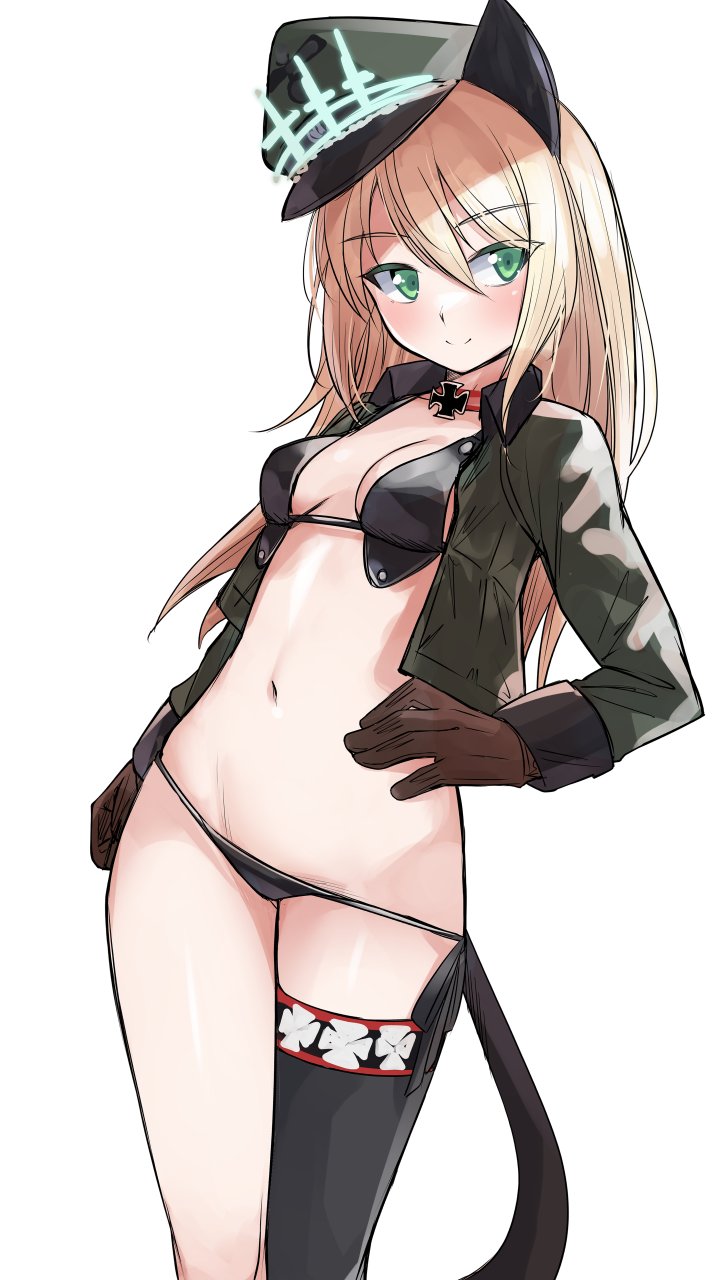1girl animal_ears bikini black_bikini black_thighhighs blonde_hair blush breasts cat_ears cat_tail closed_mouth green_eyes hand_on_own_hip hat heinrike_prinzessin_zu_sayn-wittgenstein highres long_hair military_hat military_uniform momendoufu navel noble_witches small_breasts smile solo swimsuit tail thighhighs uniform world_witches_series