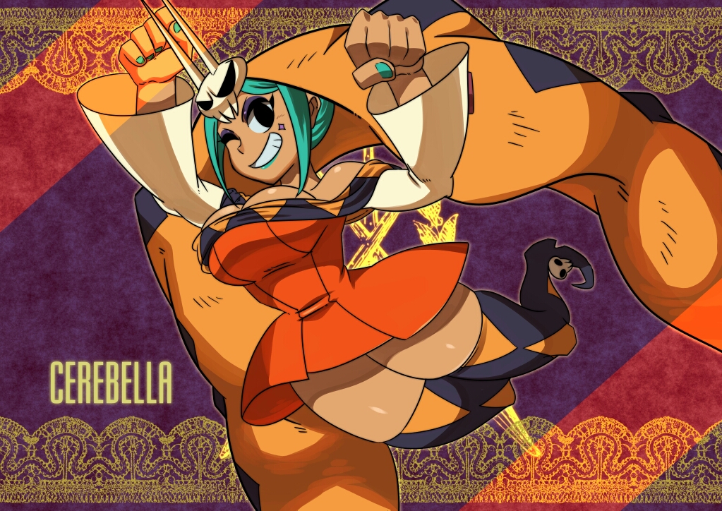 1girl aqua_hair aqua_lips argyle argyle_legwear arms_up bare_shoulders breasts cerebella_(skullgirls) character_name cleavage commentary_request dark-skinned_female dark_skin detached_sleeves diamond_(shape) dress eyeshadow facial_tattoo fingernails full_body green_nails grin hat jumping large_breasts lipstick living_clothes looking_at_viewer makeup midair one_eye_closed orange_dress partial_commentary pointy_footwear purple_eyeshadow short_dress short_hair skindentation skull skullgirls smile solo takenokonoko tattoo thighhighs white_sleeves