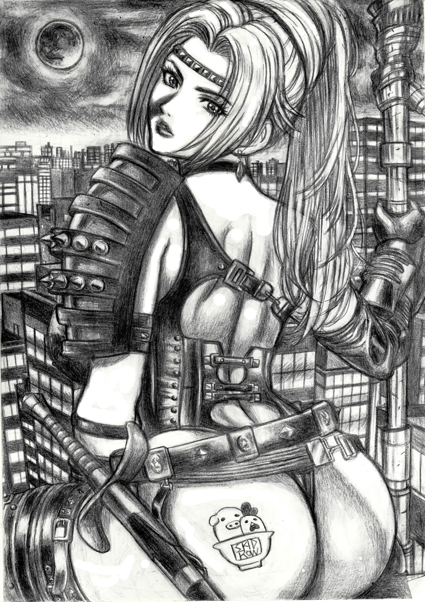 1girl armor ass asymmetrical_clothes belt_boots boots building choker circlet cityscape commentary_request dead_or_alive dead_or_alive_6 dead_or_alive_xtreme_venus_vacation earrings from_behind full_moon gloves greyscale holding holding_weapon jewelry leather long_hair looking_at_viewer looking_back monochrome moon night ninja_gaiden outdoors ponytail rachel_(ninja_gaiden) sheath sheathed shoulder_armor shoulder_plates signature sitting skidrow skyline solo weapon