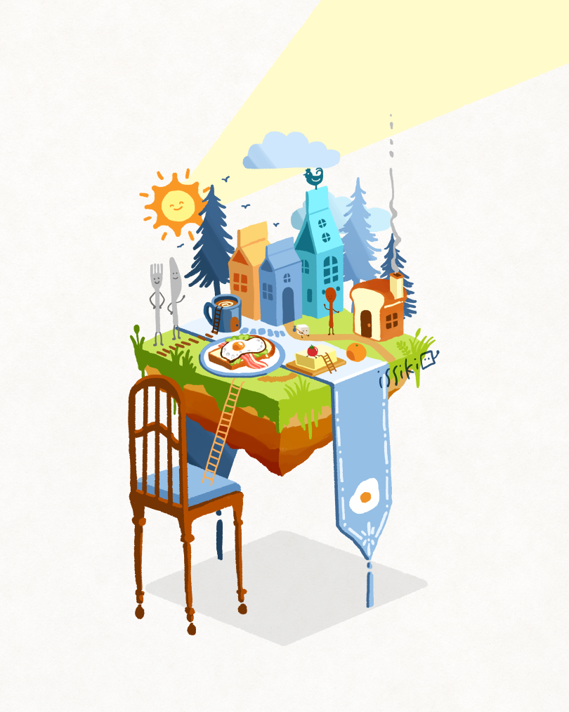 bacon breakfast building coffee diorama dishes egg egg_(food) fantasy faux_figurine floorplan food food_focus fork fried_egg fried_egg_on_toast grass isometric issiki_toaki landscape meal morning nature original outdoors overgrown salad scenery sky table toast tree