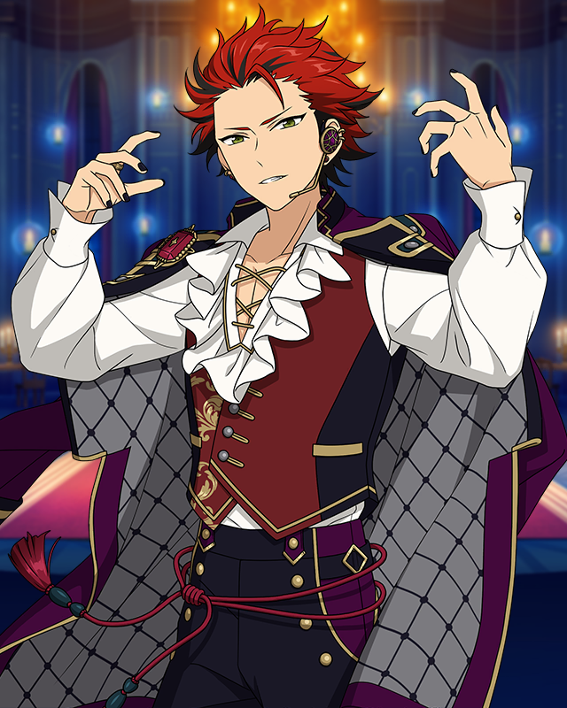 1boy black_hair black_nails blurry blurry_background buttons candle coat coat_on_shoulders cowgirl_position earrings ensemble_stars! fingernails frills green_eyes happy_elements headset jewelry long_sleeves male_focus multicolored_hair official_art red_hair scarlet_halloween_(ensemble_stars!) solo straddling streaked_hair teeth third-party_edit third-party_watermark vest