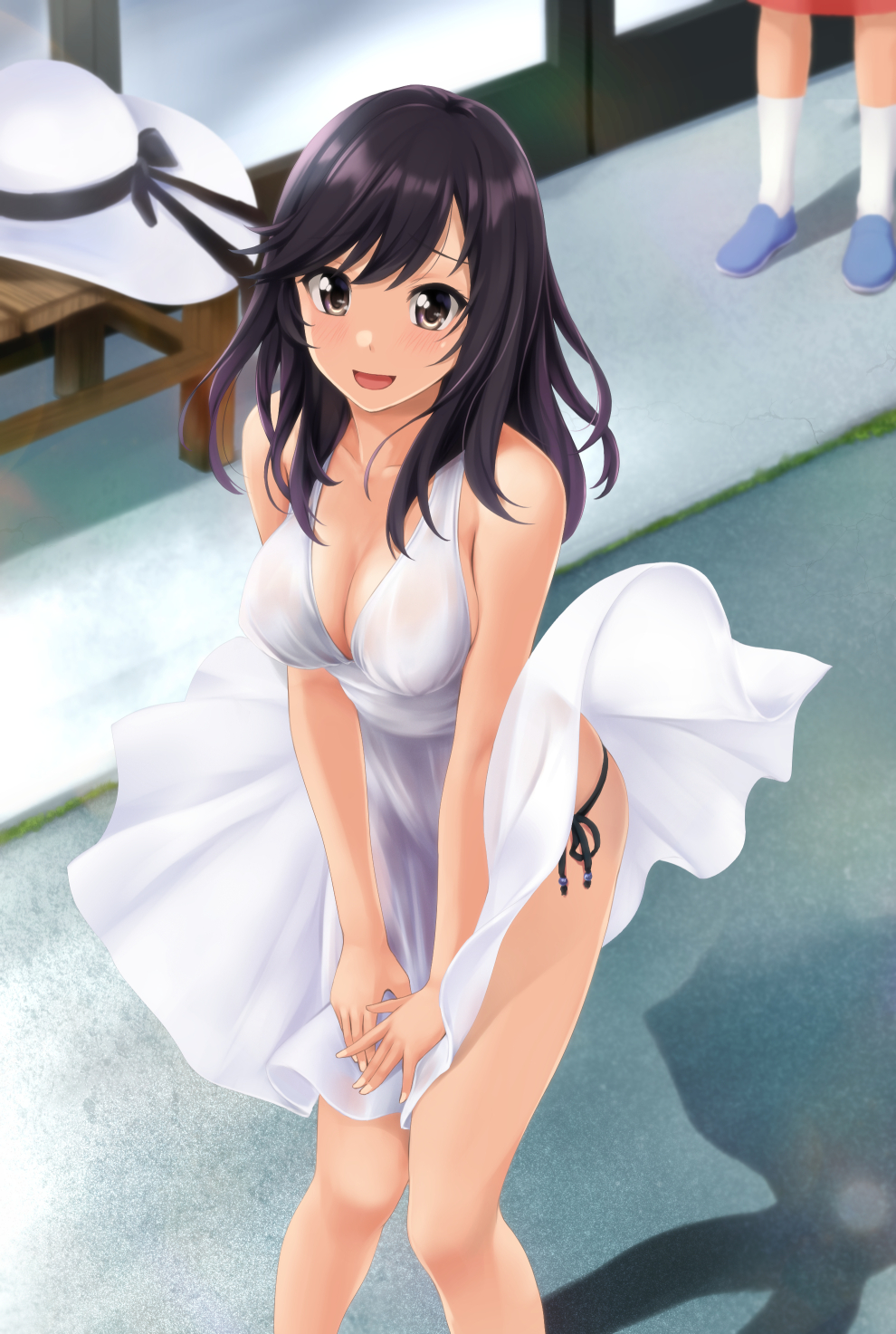 2girls :d black_hair blue_footwear blush breasts brown_eyes cleavage collarbone dress hat highres ichijou_hotaru large_breasts long_hair multiple_girls non_non_biyori nonaka_ritsu open_mouth outdoors shadow shoes smile socks sun_hat swept_bangs white_dress white_headwear white_socks