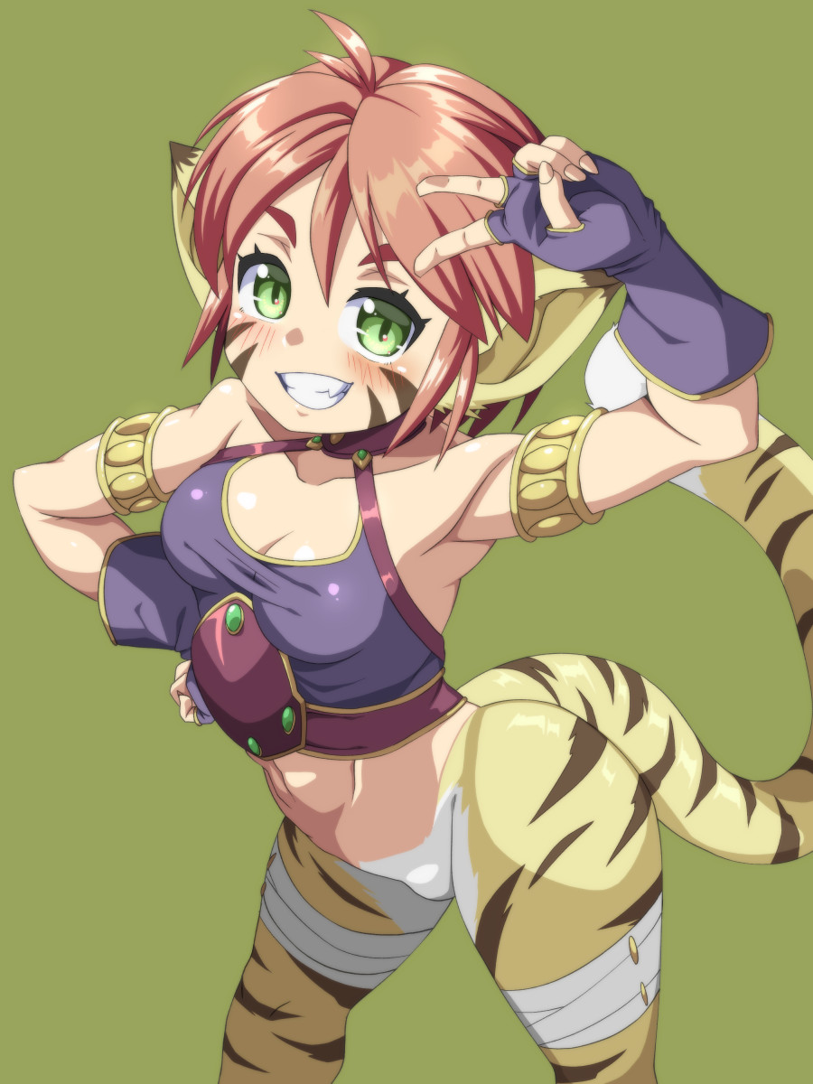 1girl animal_ears breasts breath_of_fire breath_of_fire_ii bustier cat_ears facial_mark gloves green_eyes highres looking_at_viewer orange_hair pointy_ears rinpoo_chuan short_hair simple_background solo tail tsuna_(al_dente)