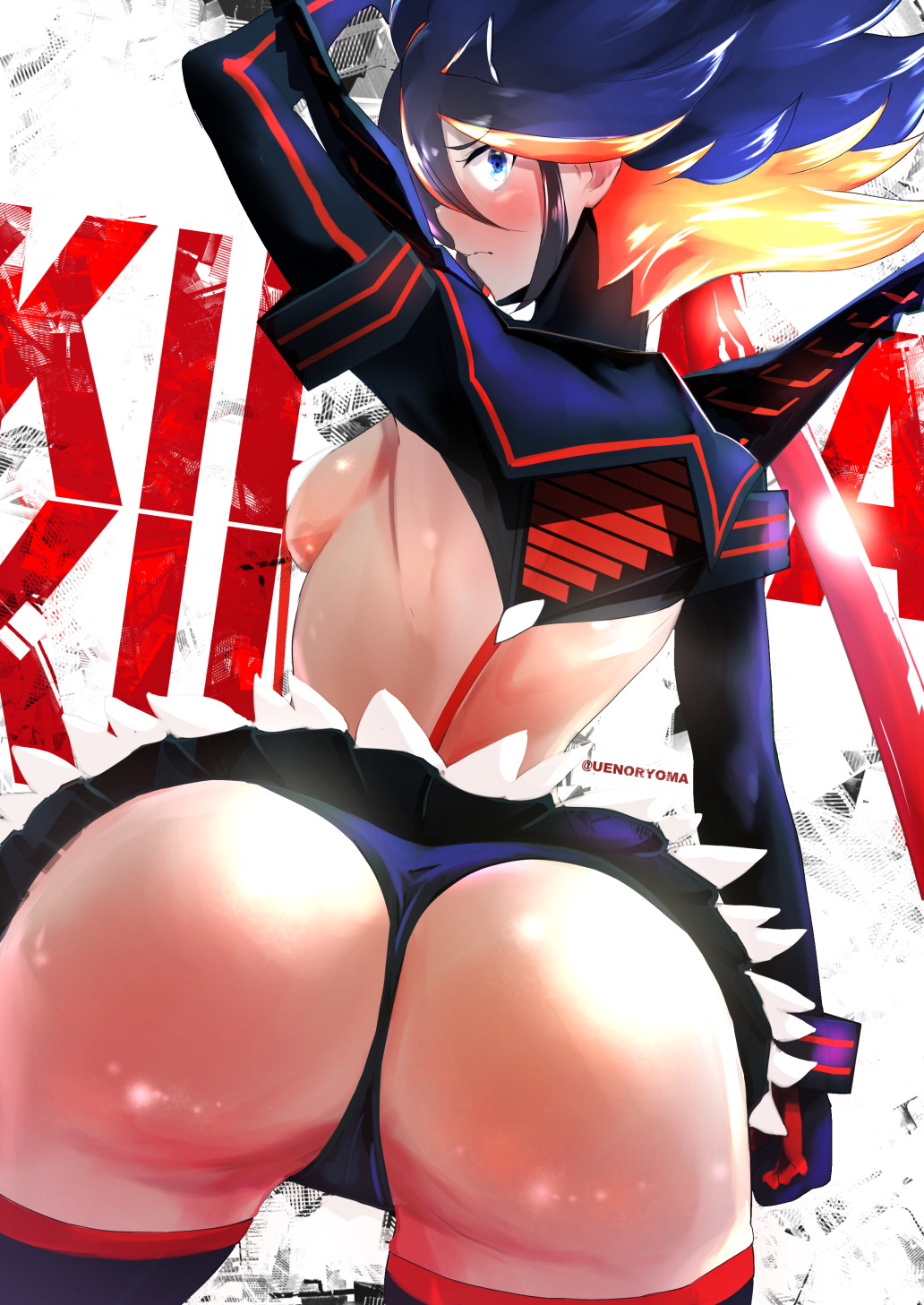 1girl arm_up ass backboob blonde_hair blue_eyes blue_hair blue_panties blush breasts closed_mouth copyright_name from_behind gloves hair_between_eyes highres holding holding_sword holding_weapon kill_la_kill looking_at_viewer looking_back matoi_ryuuko medium_breasts microskirt multicolored_hair panties pleated_skirt revealing_clothes senketsu skirt solo strap_gap suspenders sword thighhighs thighs twitter_username uenoryoma underwear weapon