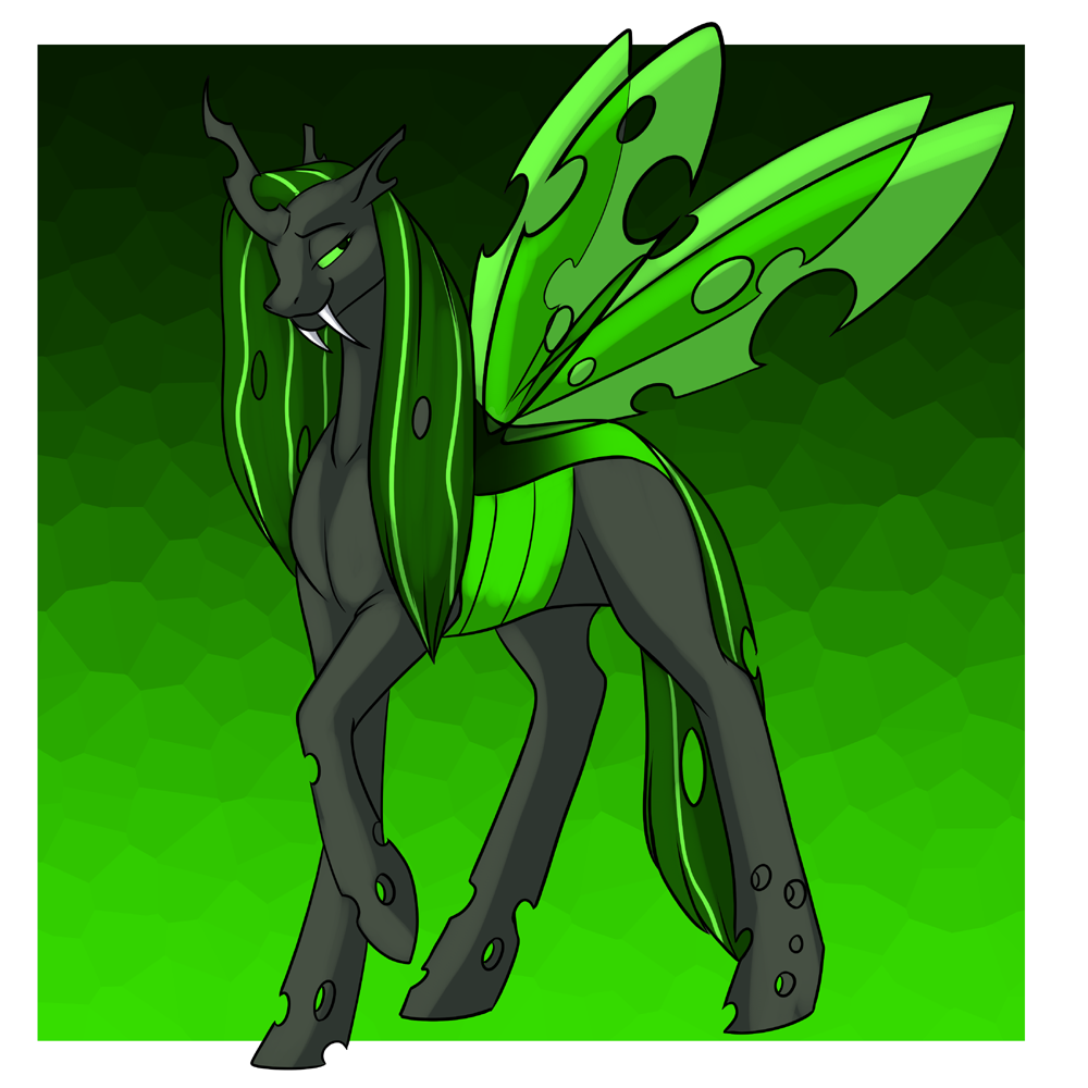 arthropod black_body border changeling fangs female feral foxenawolf friendship_is_magic goldfur's_cogsverse green_eyes green_hair hair hasbro hole_(anatomy) horn my_little_pony solo teeth unicorn_horn white_border