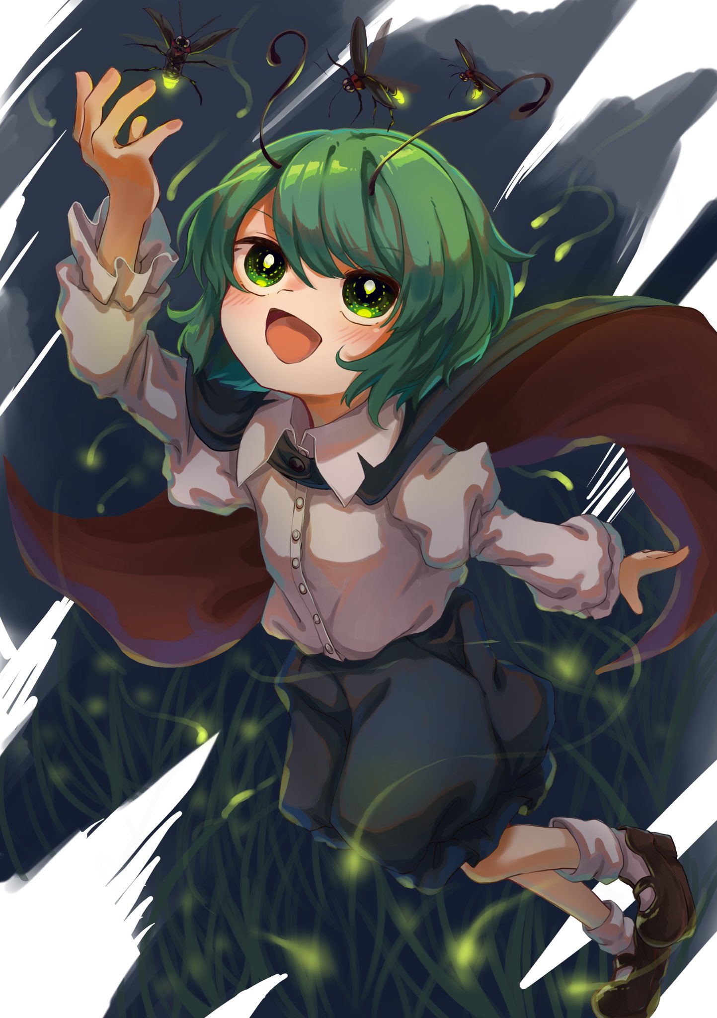 1girl :d androgynous antennae black_cape black_shorts blush brown_footwear bug buttons cape collared_shirt commentary_request firefly flat_chest full_body grass green_eyes green_hair highres long_sleeves mary_janes matsukuzu open_mouth red_cape shirt shoes short_hair shorts smile socks solo touhou two-sided_cape two-sided_fabric white_shirt wriggle_nightbug