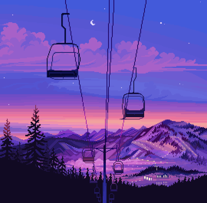 building cloud commentary crescent_moon dusk english_commentary forest gradient_sky jubilee_(8px) moon mountain mountainous_horizon nature night night_sky no_humans original outdoors pixel_art scenery silhouette ski_lift sky star_(sky) sunset tree