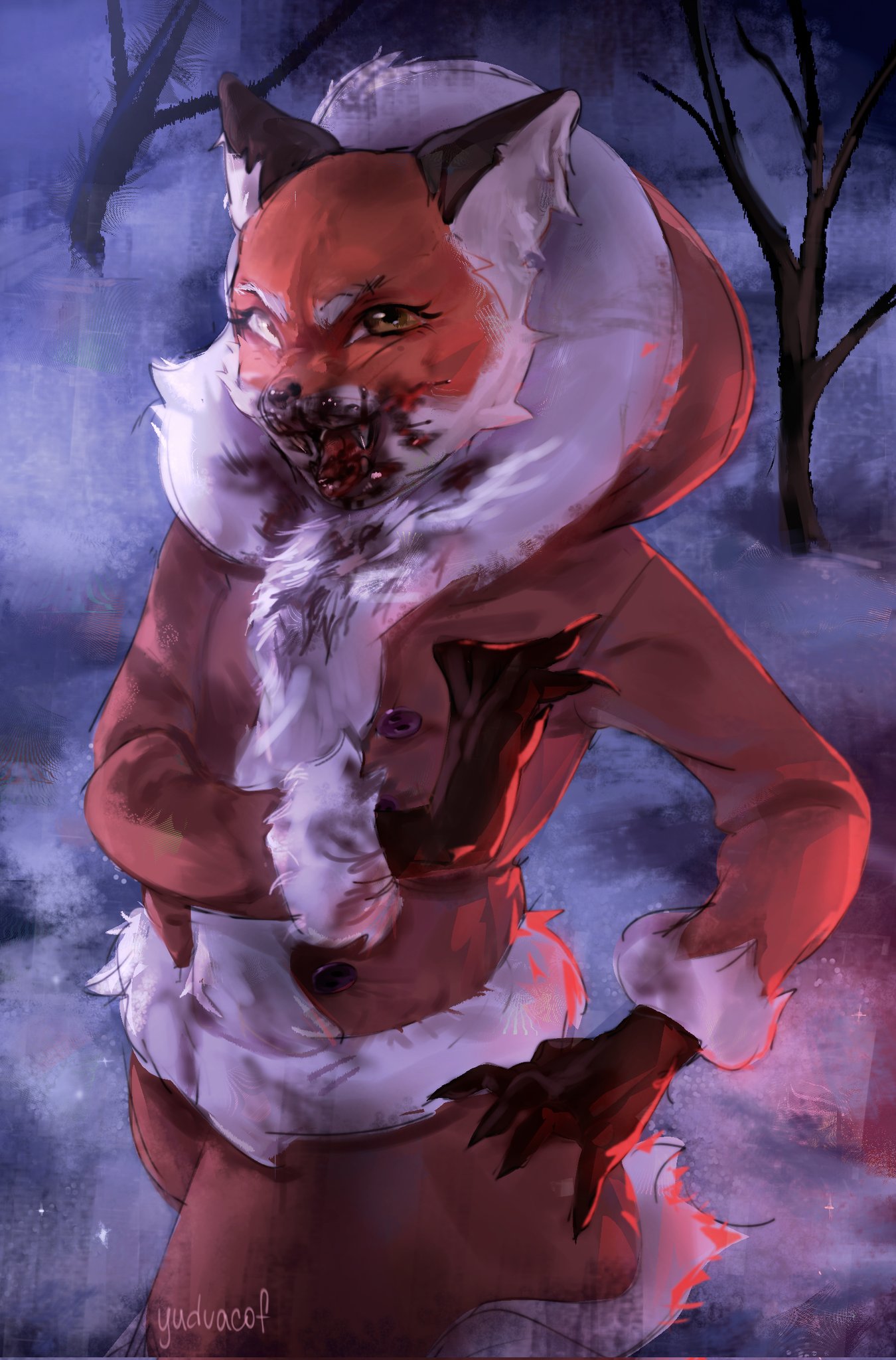 2023 alice_the_vixen anthro blood bodily_fluids canid canine claws clothing coat fangs female forest fox fur gloves handwear hi_res hybrid looking_at_viewer mammal monster multicolored_body multicolored_fur open_mouth plant smile snow solo spruce standing teeth tiny_bunny topwear tree winter winter_coat ydvavofi yellow_eyes