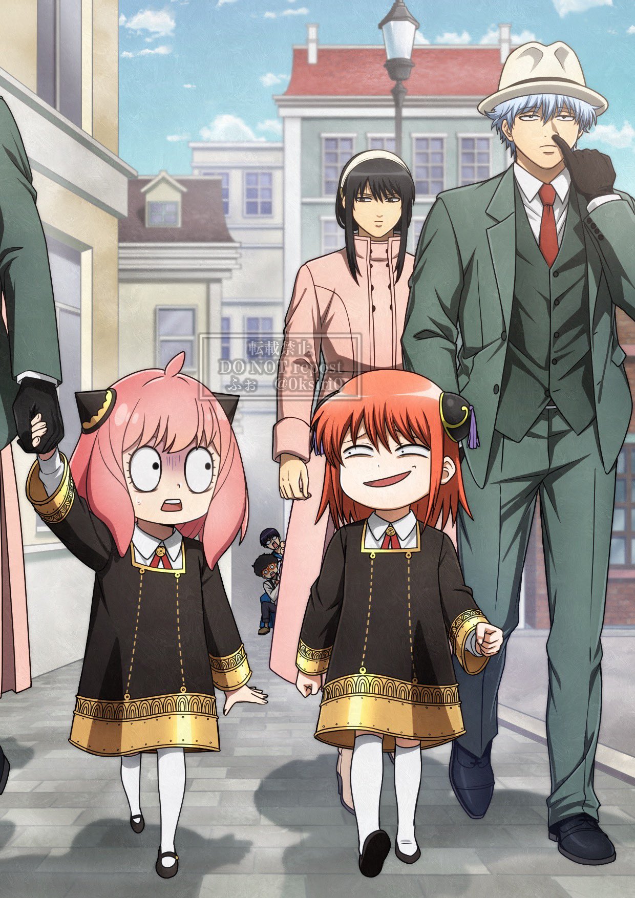 0ksiri0 3girls 5boys aged_down anya's_heh_face_(meme) anya_(spy_x_family) anya_(spy_x_family)_(cosplay) black_footwear black_gloves black_hair coat collared_shirt commentary cosplay crossover eden_academy_school_uniform formal franky_franklin gintama gloves gold_trim green_pants green_suit grey_hair grey_headwear hairband hairpods highres holding_hands kagura_(gintama) katsura_kotarou looking_at_another meme multiple_boys multiple_girls necktie nose_picking orange_hair outdoors pants peeking_out pink_coat pink_hair red_necktie sakata_gintoki school_uniform shimura_shinpachi shirt short_hair short_hair_with_long_locks smug spy_x_family suit surprised thighhighs town twilight_(spy_x_family) twilight_(spy_x_family)_(cosplay) vest walking watermark white_hairband white_shirt white_thighhighs yor_briar yor_briar_(cosplay)