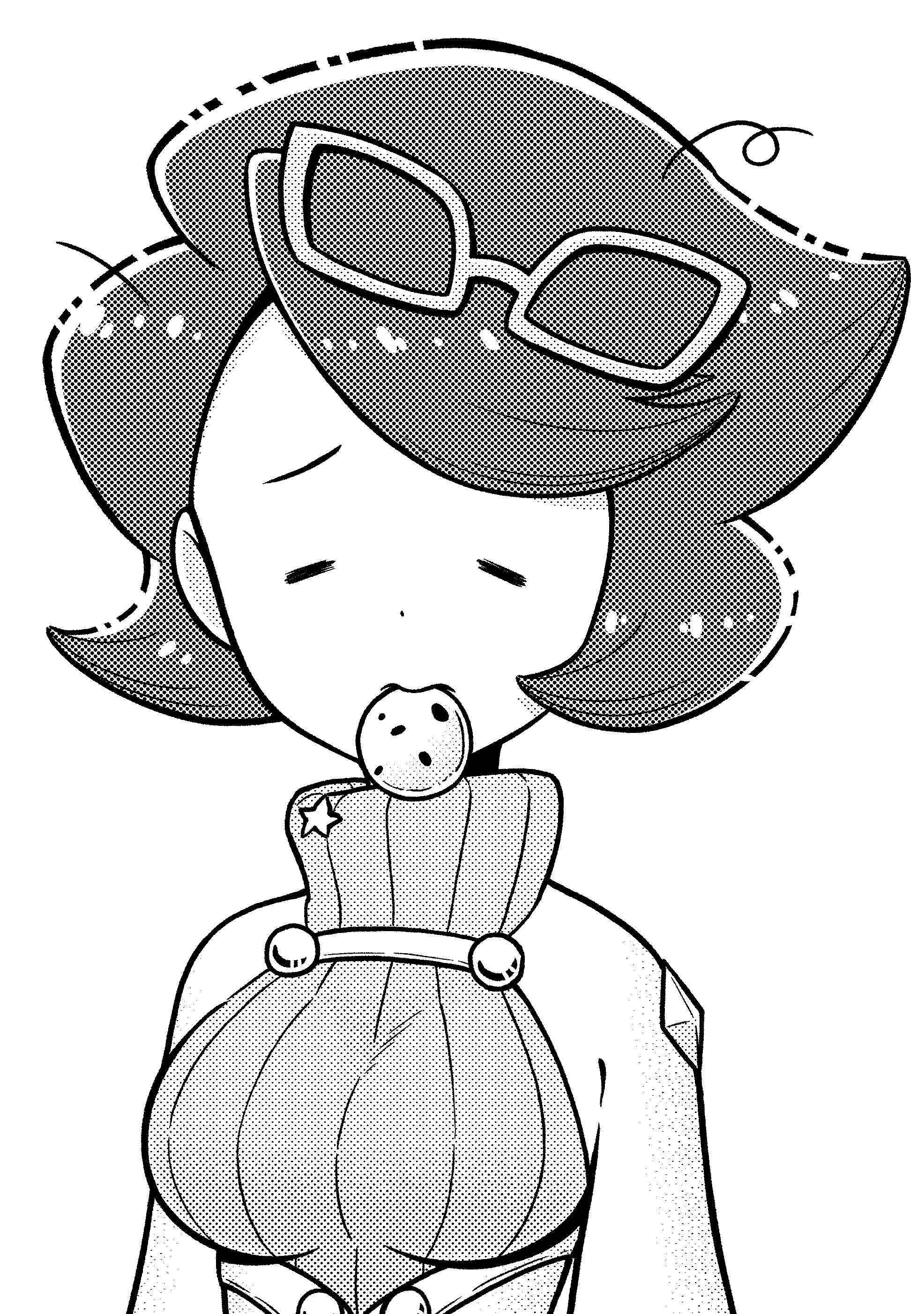 1girl absurdres big_hair breasts buttons capelet closed_eyes closed_mouth cookie eyewear_on_head food glasses greyscale highres holding holding_food large_breasts mature_female monochrome pokemon pokemon_(game) pokemon_sm ribbed_sweater sleepy solo sweater turtleneck turtleneck_sweater wicke_(pokemon) ziburikito