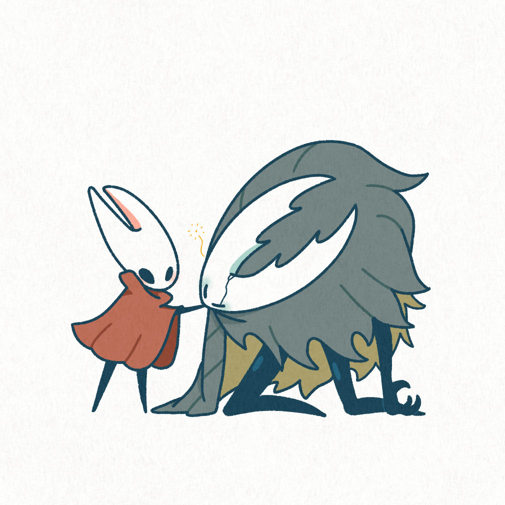 1girl 1other arm_at_side arm_up arthropod_girl black_eyes black_skin blank_eyes blush cloak colored_skin commentary crack eye_contact full_body grey_cloak half-closed_eyes hand_on_another's_chin head_tilt height_difference high_collar hollow_knight hollow_knight_(character) hornet_(hollow_knight) kneeling looking_at_another red_cloak sakana_2-gou simple_background standing white_background