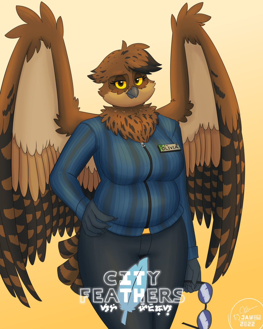 2022 5_fingers anthro artist_logo avian back_wings beak big_breasts big_wings bird black_eyelashes blue_clothing blue_topwear bottomwear breasts brown_body brown_eyes brown_feathers brown_highlights bubo_(genus) cheek_tuft chest_tuft city_feathers claws clothing curvy_figure eyewear facial_tuft feathers female fingers gradient_background grey_beak grey_bottomwear grey_claws grey_clothing grey_pants half-closed_eyes hand_on_hip head_tuft hi_res highlights_(coloring) holding_eyewear holding_glasses holding_object logo looking_at_viewer name_tag narrowed_eyes olivia_(sammfeatblueheart) owl pants pattern_clothing pattern_topwear sammfeatblueheart shaded signature simple_background solo speckled striped_clothing striped_feathers striped_topwear stripes tail_feathers topwear true_owl tuft voluptuous wing_tuft wings yellow_background yellow_belt_buckle yellow_sclera