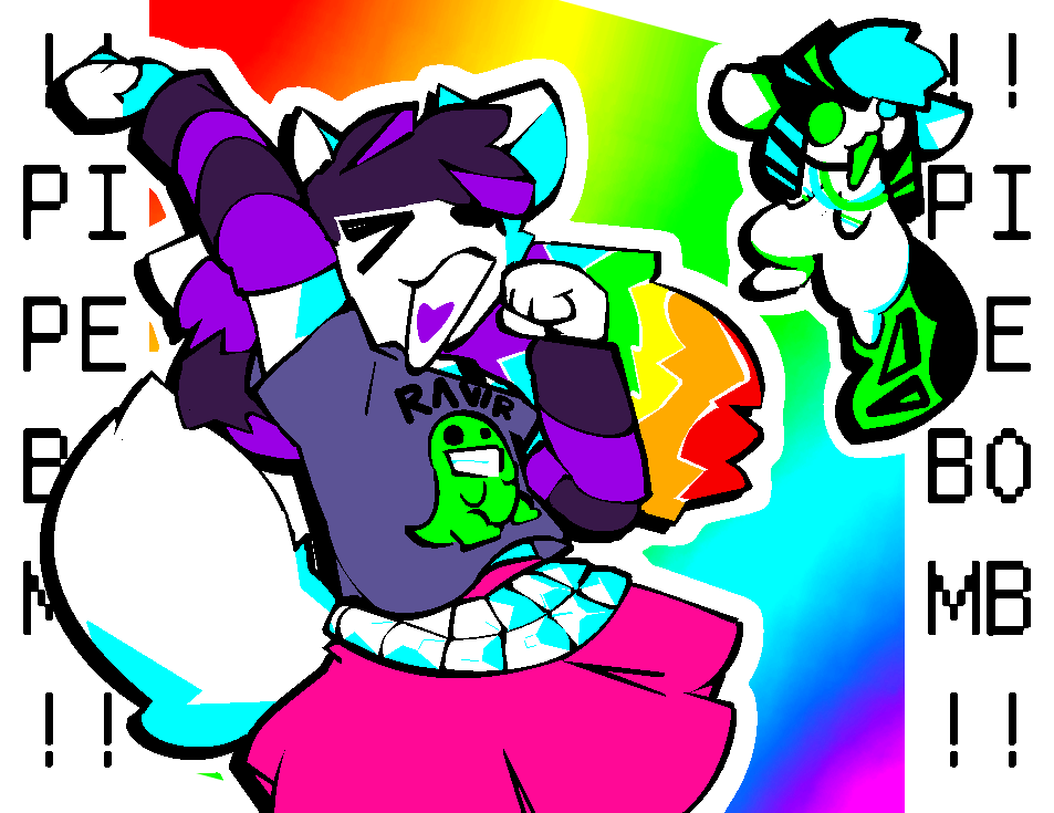 aliasing ambiguous_gender anthro bottomwear catjam_(artist) cel_shading clothing duo excited female fur hair highlights_(coloring) horn multicolored_hair purple_hair rainbow_hair rawr shaded skirt striped_hair studded_belt white_body white_fur xcite_(catjam)