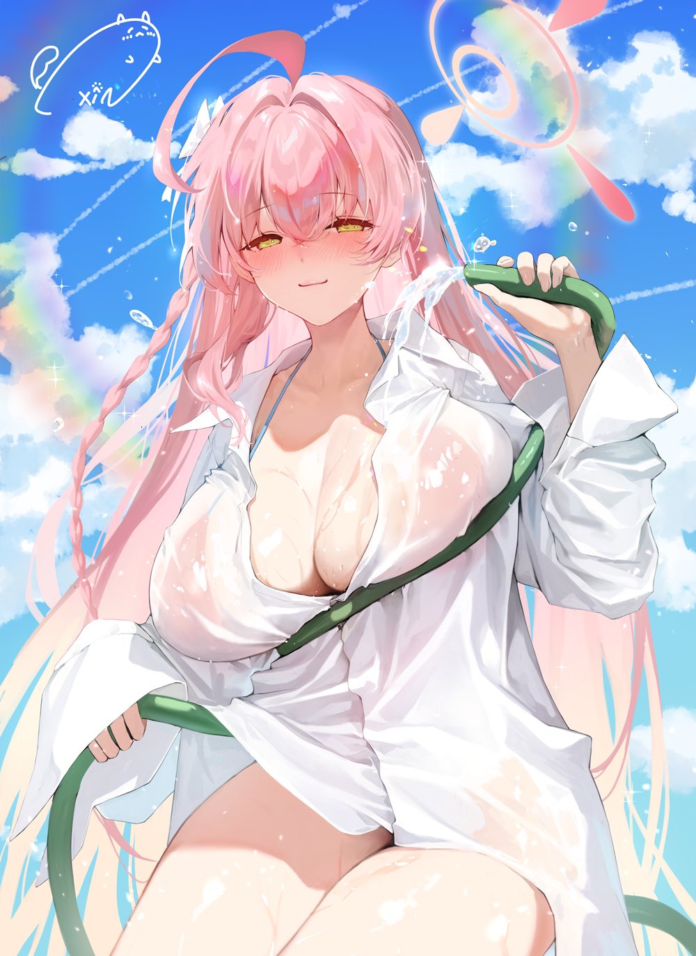 1girl ahoge blue_archive blue_sky blush breasts cleavage closed_mouth cloud commentary_request day green_eyes hair_between_eyes halo hanako_(blue_archive) hanako_(swimsuit)_(blue_archive) highres holding holding_hose hose large_breasts long_hair looking_at_viewer obiwan official_alternate_costume outdoors pink_hair pink_halo shirt sky smile solo thighs weisuoxin wet wet_clothes wet_shirt white_shirt