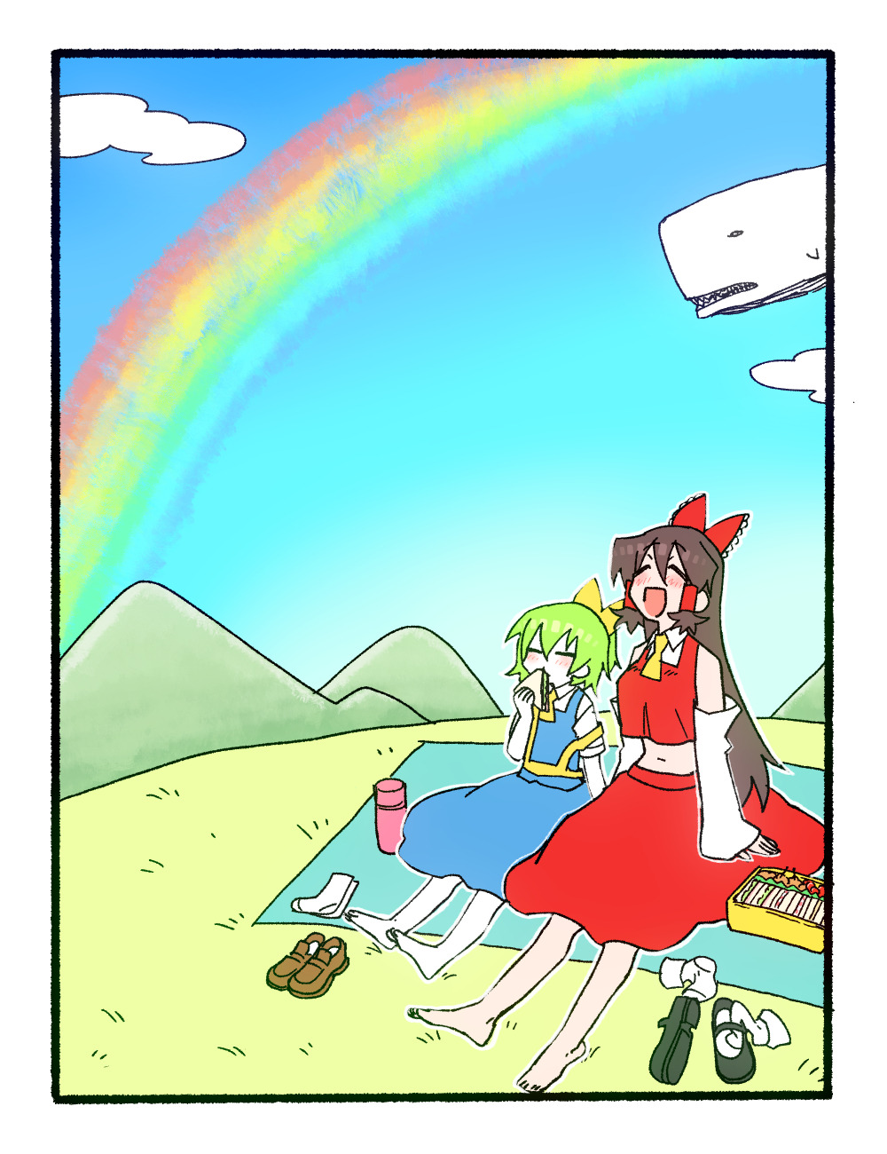 2girls :d ascot barefoot bento black_footwear blue_skirt blue_sky blue_vest blush border bow brown_footwear brown_hair closed_eyes cloud collared_shirt colored_skin commentary_request cookie_(touhou) daiyousei day detached_sleeves diyusi_(cookie) eating food frilled_bow frills full_body gedougawa grass green_hair hair_between_eyes hair_bow hair_tubes hakurei_reimu highres hill holding holding_food loafers long_bangs long_hair mountain multiple_girls navel noel_(cookie) off_(game) offside:_diyusi open_mouth outdoors picnic rainbow red_bow red_shirt red_skirt sandwich shirt shoes sidelocks sitting skirt sky sleeveless sleeveless_shirt smile socks socks_removed touhou vest whale whale_(off) white_border white_skin white_sleeves white_socks yellow_ascot