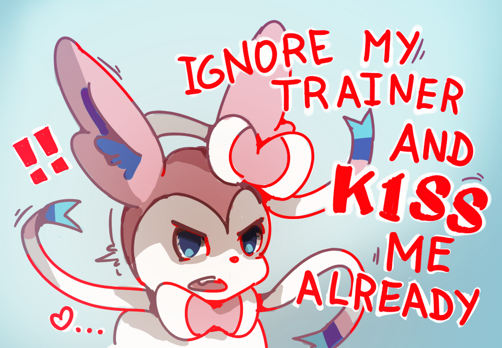 &lt;3 ambiguous_gender blue_background blue_eyes bow_(feature) command dialogue discocci eeveelution exclamation_point feral generation_6_pokemon looking_at_viewer nintendo open_mouth pink_body pink_ears pokemon pokemon_(species) red_text ribbons_(anatomy) simple_background solo sylveon text upset white_body