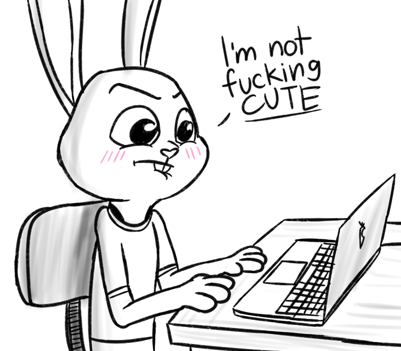 anthro bite biting_lip blush chair computer disney english_text female frown furniture humantrashmachine judy_hopps lagomorph laptop leporid mammal on_chair rabbit simple_background sitting sitting_on_chair sketch solo text white_background zootopia