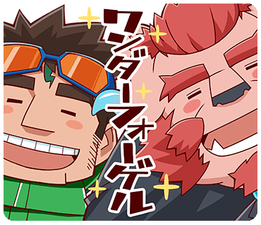 2boys bara blue-framed_eyewear blush blush_stickers brown_hair chernobog_(housamo) chibi closed_eyes eyewear_on_head facial_mark forehead_mark furry furry_male green_jacket jacket long_sideburns lowres male_focus multiple_boys official_art open_mouth pink_fur red_hair sasaki_sakichi short_hair sideburns smile sparkle sunglasses text_focus thick_eyebrows tokyo_afterschool_summoners translated transparent_background tusks upper_body zao_(housamo)