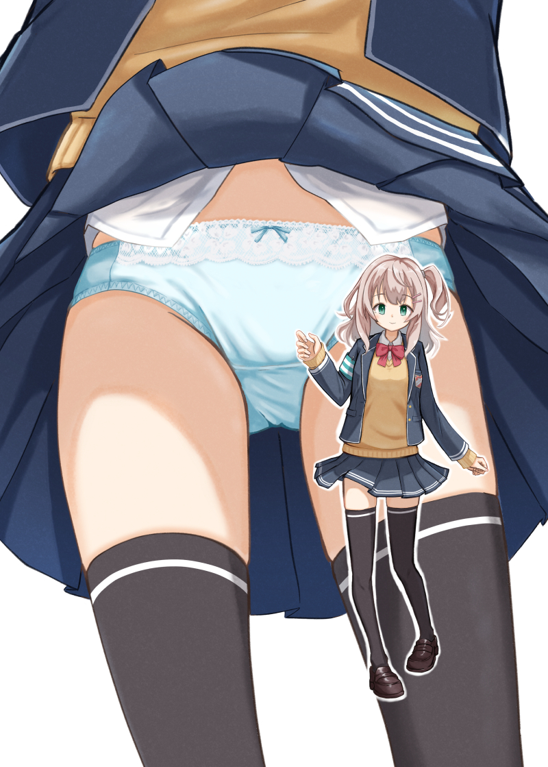 1girl armband black_footwear black_thighhighs blazer blue_eyes blue_jacket blue_panties blue_skirt boku_to_kanojo_no_onani_life bow bow_panties bowtie closed_mouth clothes_lift commentary_request crotch_seam double_horizontal_stripe dress_shirt hair_ornament hairclip jacket kasago_(wnfj2383) loafers long_sleeves looking_at_viewer medium_hair mtu_virus multiple_views one_side_up outline panties pantyshot partial_commentary pleated_skirt red_bow red_bowtie school_uniform shirt shoes single_horizontal_stripe skirt skirt_lift smile standing sweater thighhighs underwear white_outline white_shirt wind wind_lift yellow_sweater yumehiko