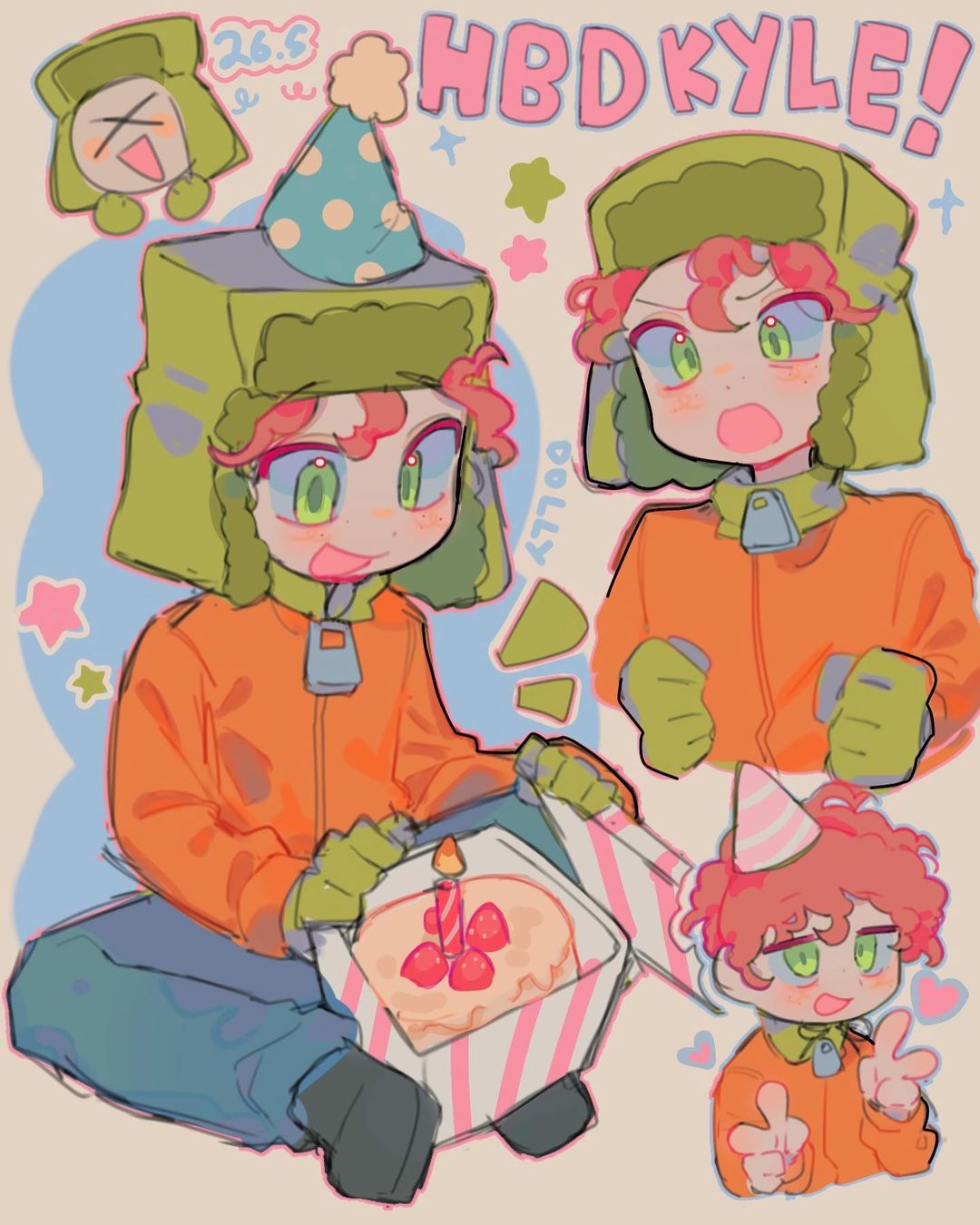 &gt;_&lt; 1boy animification birthday_cake cake child denim english_commentary english_text food gift gloves green_gloves green_headwear happy_birthday hat heart highres jacket jeans kyle_broflovski littlebunniboo male_child male_focus open_mouth orange_jacket pants party_hat red_hair south_park