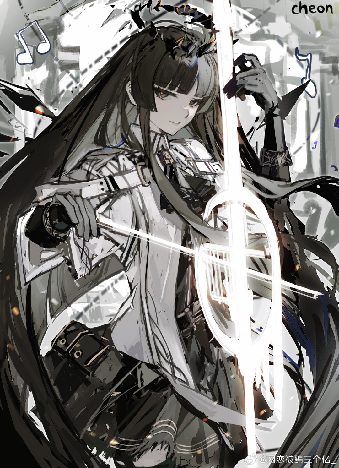 1girl absurdly_long_hair arknights artist_name ascot belt belt_buckle belt_pouch black_belt black_garter_straps black_gloves black_hair black_halo black_pouch black_shirt black_skirt black_thighhighs black_wings blunt_bangs bow_(music) broken_halo buckle cello cheon chinese_commentary collared_jacket commentary_request dark_halo detached_wings dress_shirt energy_wings garter_straps gloves halo hands_up highres hime_cut holding holding_bow_(music) holding_instrument holding_violin instrument jacket long_hair looking_at_viewer mole mole_under_eye music musical_note pale_skin parted_lips playing playing_instrument pouch shirt sidelocks signature skirt smile solo standing thighhighs very_long_hair violin virtuosa_(arknights) weibo_logo weibo_username white_belt white_jacket wide_sleeves wings
