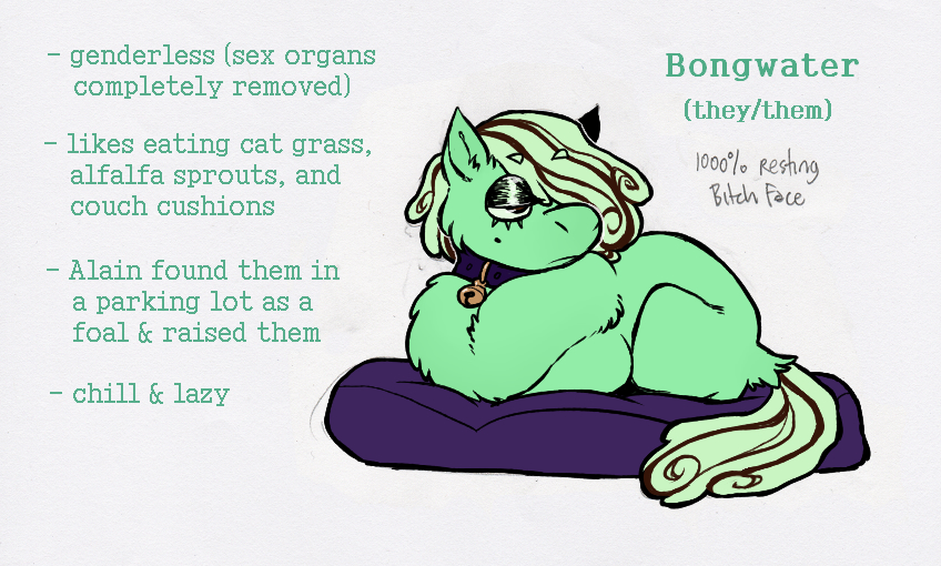 2022 ambiguous_gender bell bell_collar bongwater_(federalchemical1728) brown_mane brown_tail character_name collar digital_drawing_(artwork) digital_media_(artwork) english_text eyelashes federalchemical1728 feral flat_colors fluffy_pony fluffy_pony_(species) fur green_body green_fur green_mane green_tail green_text half-closed_eyes handwritten_text lying mammal mane model_sheet multicolored_mane narrowed_eyes nonbinary_(lore) on_pillow pillow purple_collar simple_background solo tail text two_tone_mane two_tone_tail white_background