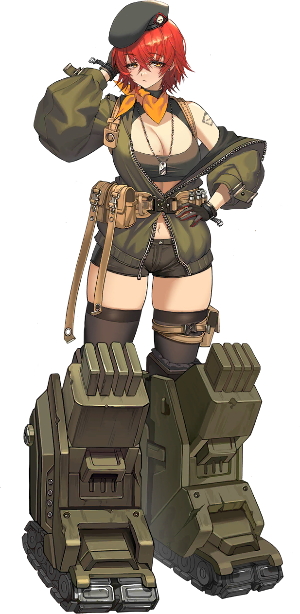 1girl 2v_(joyeong) :&lt; arm_behind_head belt belt_pouch beret black_gloves black_shorts black_thighhighs breasts brown_belt character_name cleavage cleavage_cutout closed_mouth clothing_cutout dog_tags earrings full_body game_cg gloves green_headwear green_jacket hair_between_eyes hat highres jacket jewelry large_breasts last_origin linea_alba looking_at_viewer mechanical_boots military_hat military_jacket military_uniform mole mole_on_breast nashorn_(last_origin) navel off-shoulder_jacket off_shoulder official_art open_clothes open_jacket pouch red_hair scarf short_hair short_shorts shorts shoulder_tattoo simple_background skindentation solo standing tachi-e tank_top tattoo thigh_pouch thighhighs third-party_source transparent_background treadmill uniform wrist_belt yellow_eyes yellow_scarf