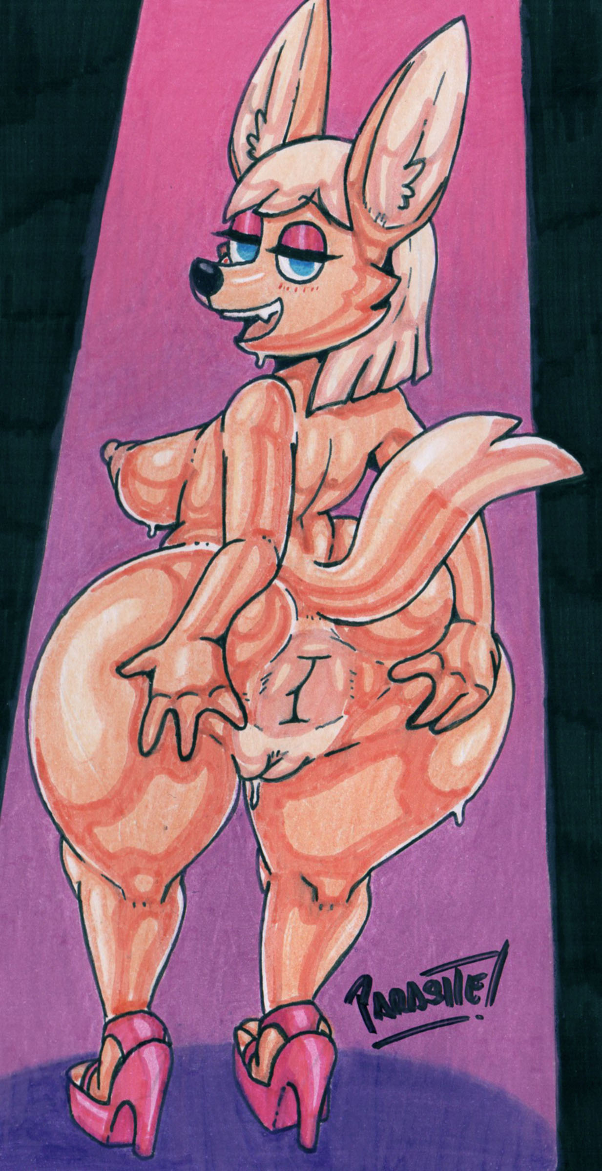 2023 4_fingers absurd_res anthro anus areola artist_name bedroom_eyes big_anus big_areola big_butt blue_eyes blush bodily_fluids bottom_heavy breasts brown_body brown_fur bubble_butt butt butt_squish canid canine clothing curvaceous curvy_figure eyelashes eyeliner female fennec fingers fluffy fluffy_tail footwear fox fur genitals hair hi_res high_heels high_heels_only huge_butt lilian_(liebeslied) long_ears looking_at_viewer looking_back looking_back_at_viewer makeup mammal narrowed_eyes nipples nude open_mouth parasitedeath presenting presenting_anus pussy seductive short_hair short_stack signature simple_background smile solo spread_butt spreading squish sweat tail tan_hair teeth thick_thighs tongue traditional_media_(artwork) voluptuous wide_hips