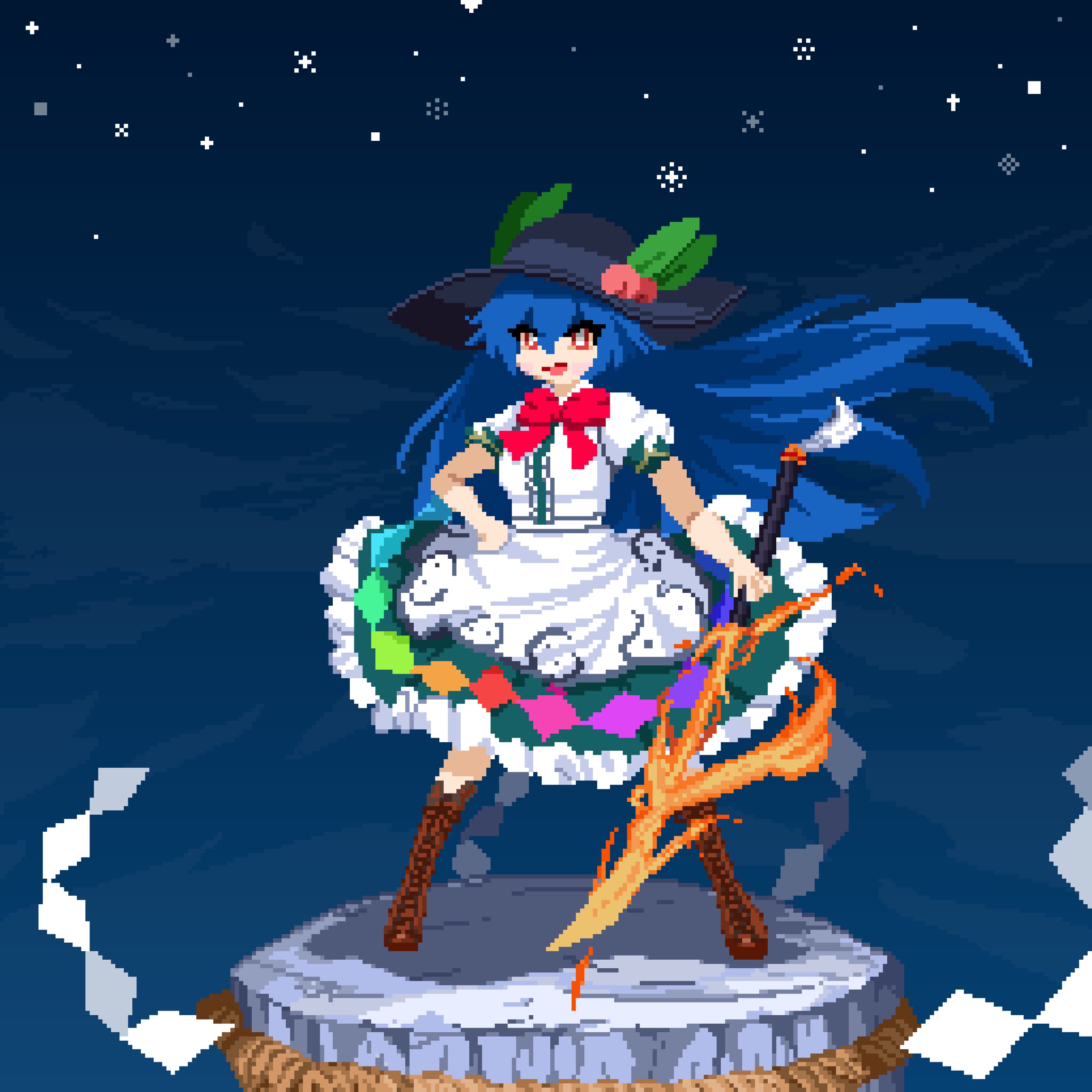 1girl black_headwear blue_hair boots bow bowtie brown_footwear commentary frilled_skirt frills full_body green_skirt highres hinanawi_tenshi holding holding_sword holding_weapon keystone long_hair looking_at_viewer outdoors peach_hat_ornament pixel_art rainbow_order red_bow red_bowtie red_eyes rope ruru2koichi shide shimenawa short_sleeves skirt solo standing sword sword_of_hisou touhou weapon