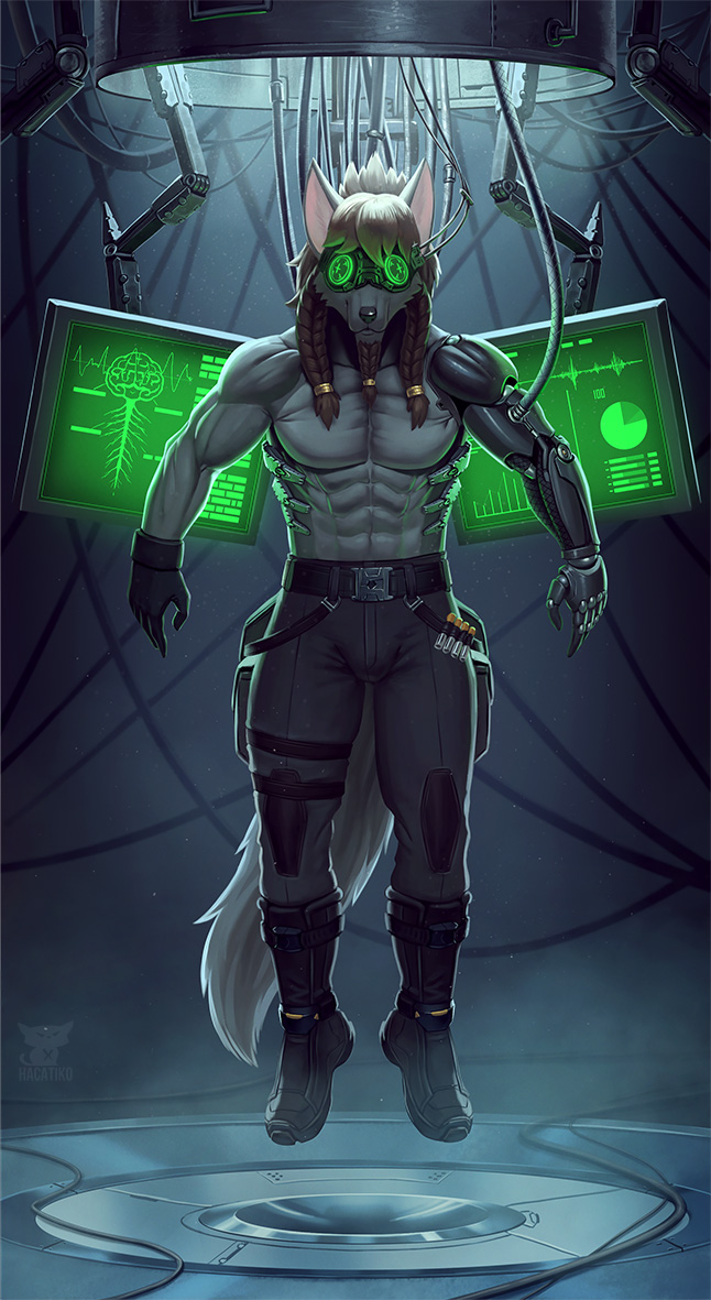 anthro canid canine clothed clothing hacatiko male mammal muscular muscular_male robotic_arm solo