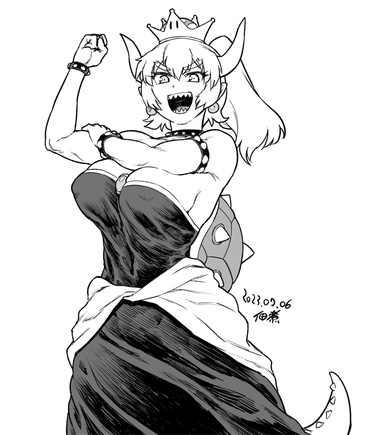 1girl armlet bowsette bracelet breasts cleavage collar commentary_request covered_nipples cowboy_shot crown dated dress earrings flexing genderswap genderswap_(mtf) greyscale horns jewelry large_breasts lizard_tail looking_at_viewer mario_(series) medium_hair monochrome new_super_mario_bros._u_deluxe open_mouth pointy_ears ponytail sharp_teeth signature smile solo spiked_armlet spiked_bracelet spiked_collar spiked_shell spiked_tail spikes strapless strapless_dress super_crown tail teeth tsukudani_(coke-buta) turtle_shell white_background