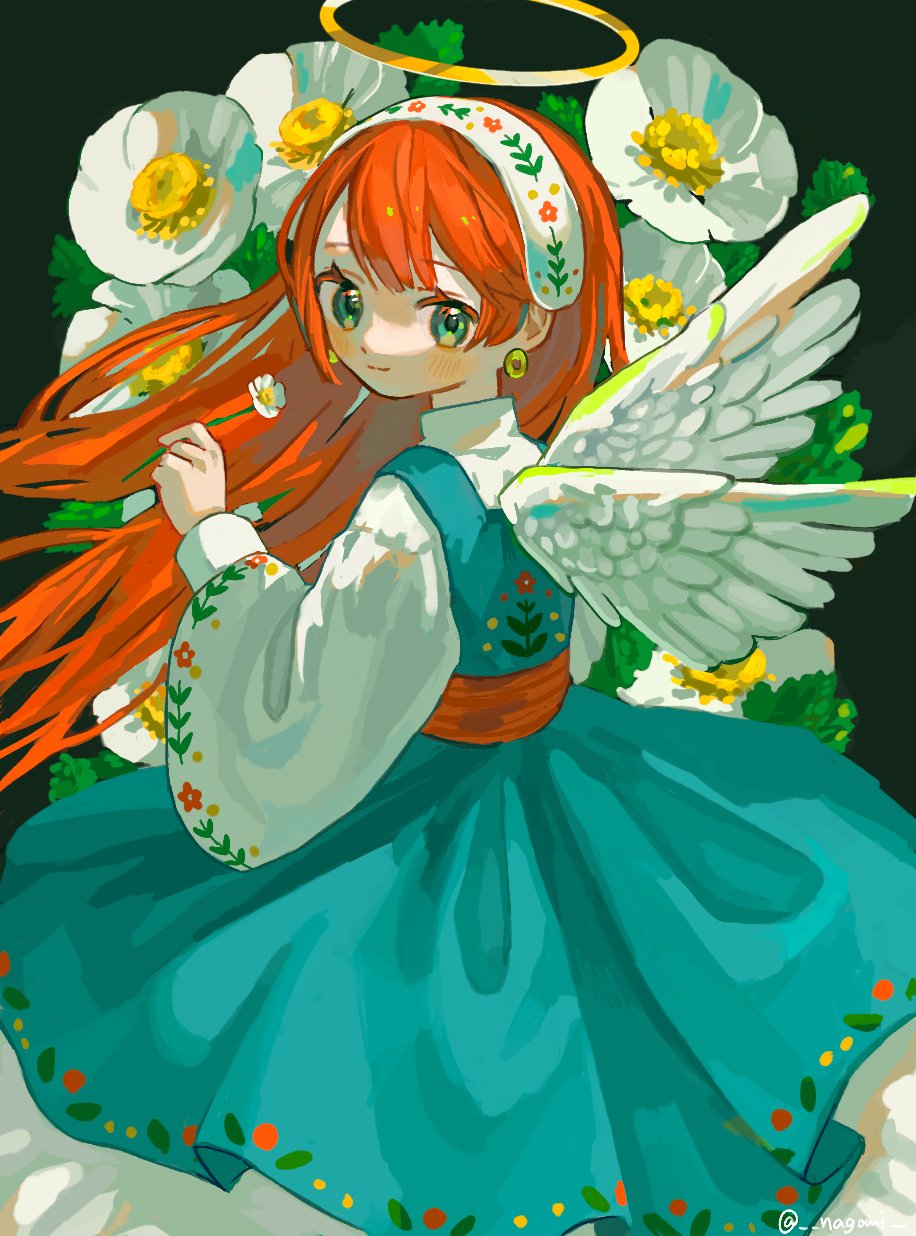 1girl angel angel_wings aqua_dress blush closed_mouth commentary cowboy_shot dress earrings feathered_wings floating_hair floral_print flower from_behind green_eyes hairband halo hand_up highres holding holding_flower jewelry light_smile long_hair long_sleeves looking_at_viewer looking_back nagomi_(_nagomi_) orange_hair original pinafore_dress print_hairband shirt sleeveless sleeveless_dress solo symbol-only_commentary very_long_hair white_flower white_hairband white_shirt white_wings wide_sleeves wings