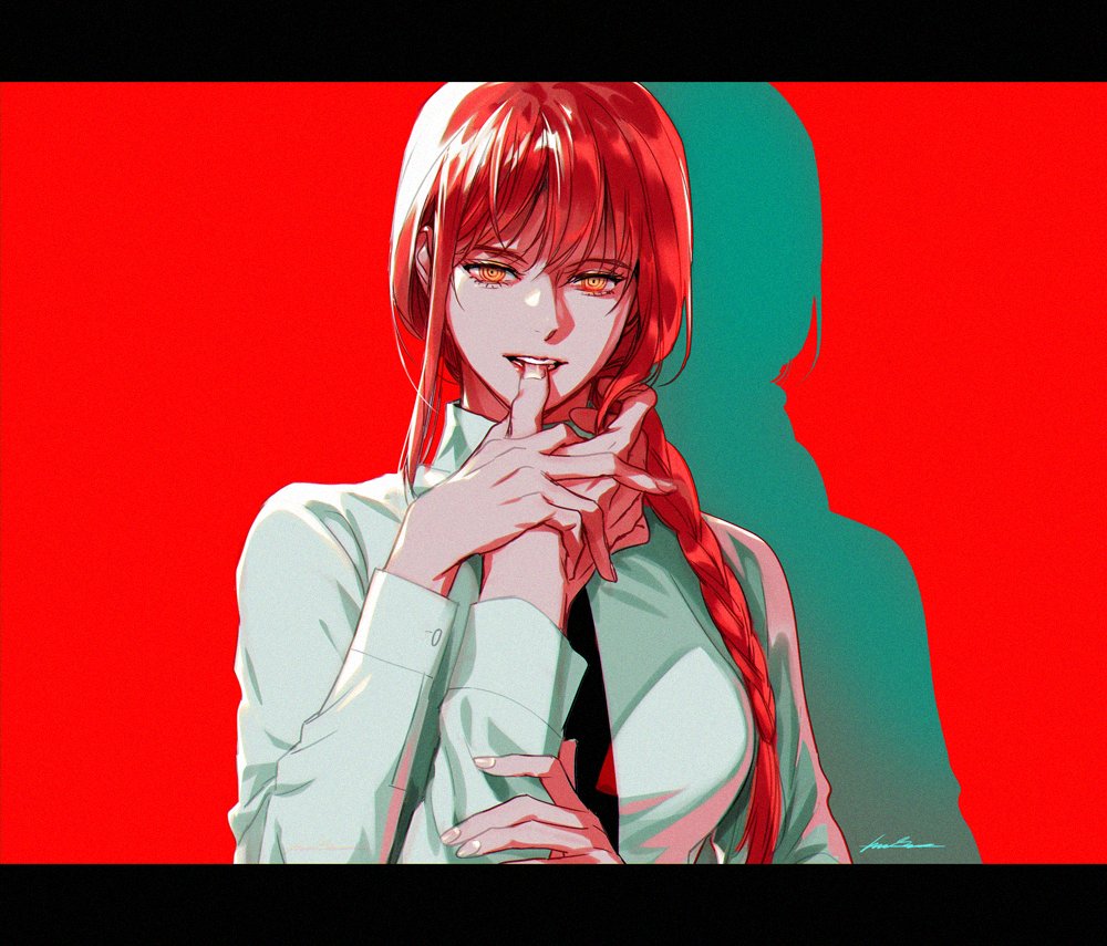 1girl biting black_necktie braid braided_ponytail breasts chainsaw_man collared_shirt drop_shadow finger_biting finger_in_another's_mouth fingernails hair_over_shoulder hand_up juneseo letterboxed lipstick long_hair looking_at_viewer makeup makima_(chainsaw_man) necktie out_of_frame parted_lips pov pov_hands red_background red_hair ringed_eyes shirt signature simple_background smile solo solo_focus upper_body white_shirt yellow_eyes