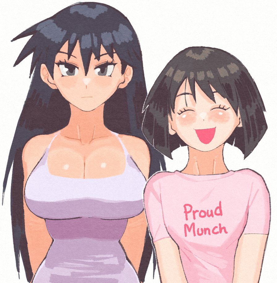 2girls :d :| arms_behind_back azumanga_daioh bare_shoulders black_eyes black_hair blush bob_cut breasts casual cleavage close-up closed_eyes closed_mouth clothes_writing collarbone english_text expressionless eyelashes hair_between_eyes happy height_difference inkerton-kun kaori_(azumanga_daioh) large_breasts long_hair multiple_girls open_mouth outline pink_shirt purple_tank_top sakaki shirt short_hair short_sleeves side-by-side simple_background sleeveless small_breasts smile t-shirt tank_top upper_body v_arms very_long_hair white_background white_outline yuri