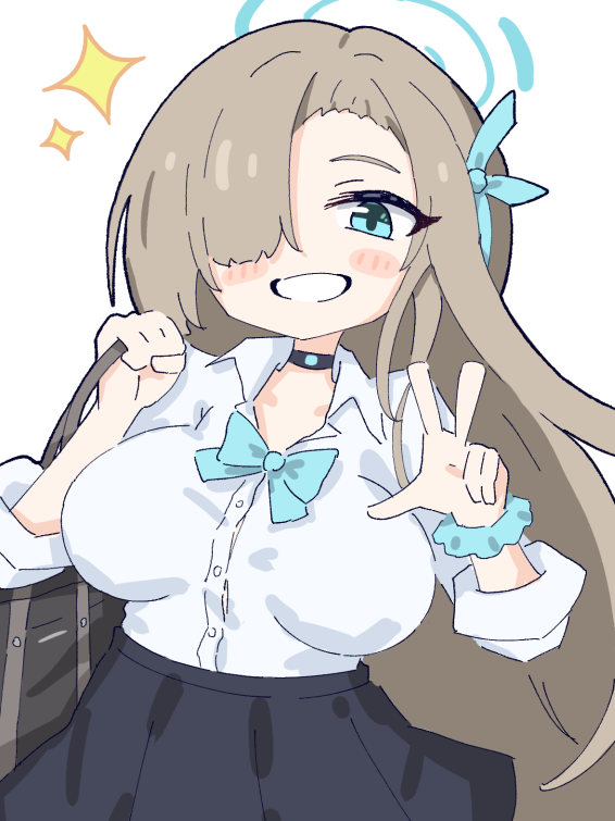1girl absurdly_long_hair asuna_(blue_archive) bag blue_archive blue_bow blue_bowtie blue_eyes blue_halo blue_nails blue_ribbon blue_scrunchie bow bowtie breasts buttons collared_shirt grin hair_over_one_eye hair_ribbon halo large_breasts light_brown_hair long_hair looking_at_viewer nail_polish pleated_skirt ribbon school_uniform scrunchie shirt shoes simple_background skirt smile socks solo umihio v very_long_hair white_background white_shirt wrist_scrunchie