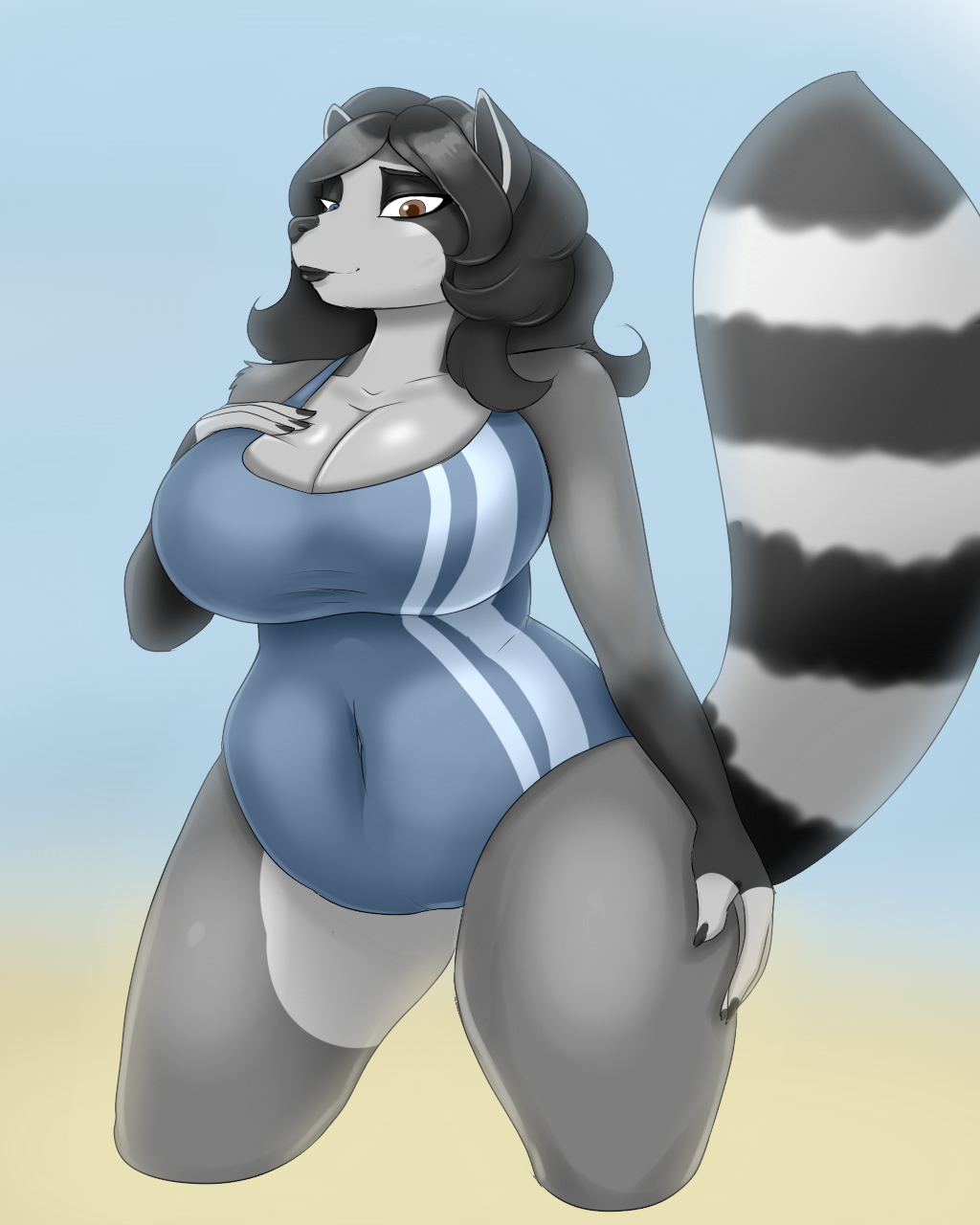 anthro big_breasts blackbetty breasts chubby_female cleavage clothed clothing female franciene_(tango's_family) hair hi_res looking_at_viewer mammal procyonid raccoon simple_background smile solo swimwear thick_thighs wide_hips