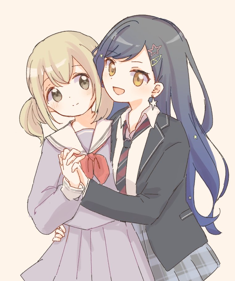 2girls :d azusawa_kohane black_jacket black_necktie blazer blue_hair brown_hair closed_mouth commentary cowboy_shot dark_blue_hair diagonal-striped_necktie dot_nose double-parted_bangs earrings gradient_hair grey_serafuku grey_skirt grey_stripes hair_ornament hairclip hand_on_another's_hip holding_hands interlocked_fingers jacket jewelry kamiyama_high_school_uniform_(project_sekai) lapels light_brown_hair long_hair looking_at_another looking_to_the_side loose_necktie low_twintails miyamasuzaka_girls'_academy_school_uniform multicolored_hair multicolored_necktie multiple_girls neckerchief necktie notched_lapels open_clothes open_collar open_jacket open_mouth paperclip_hair_ornament plaid plaid_skirt pleated_skirt pocket project_sekai red_neckerchief red_necktie sailor_collar school_uniform serafuku shiraishi_an shirt short_hair sideways_glance simple_background skirt sleeve_cuffs smile star_(symbol) star_earrings star_hair_ornament striped swept_bangs tareme tsuchiyoko_(hamu_prsk) twintails white_background white_necktie white_sailor_collar white_shirt yellow_eyes