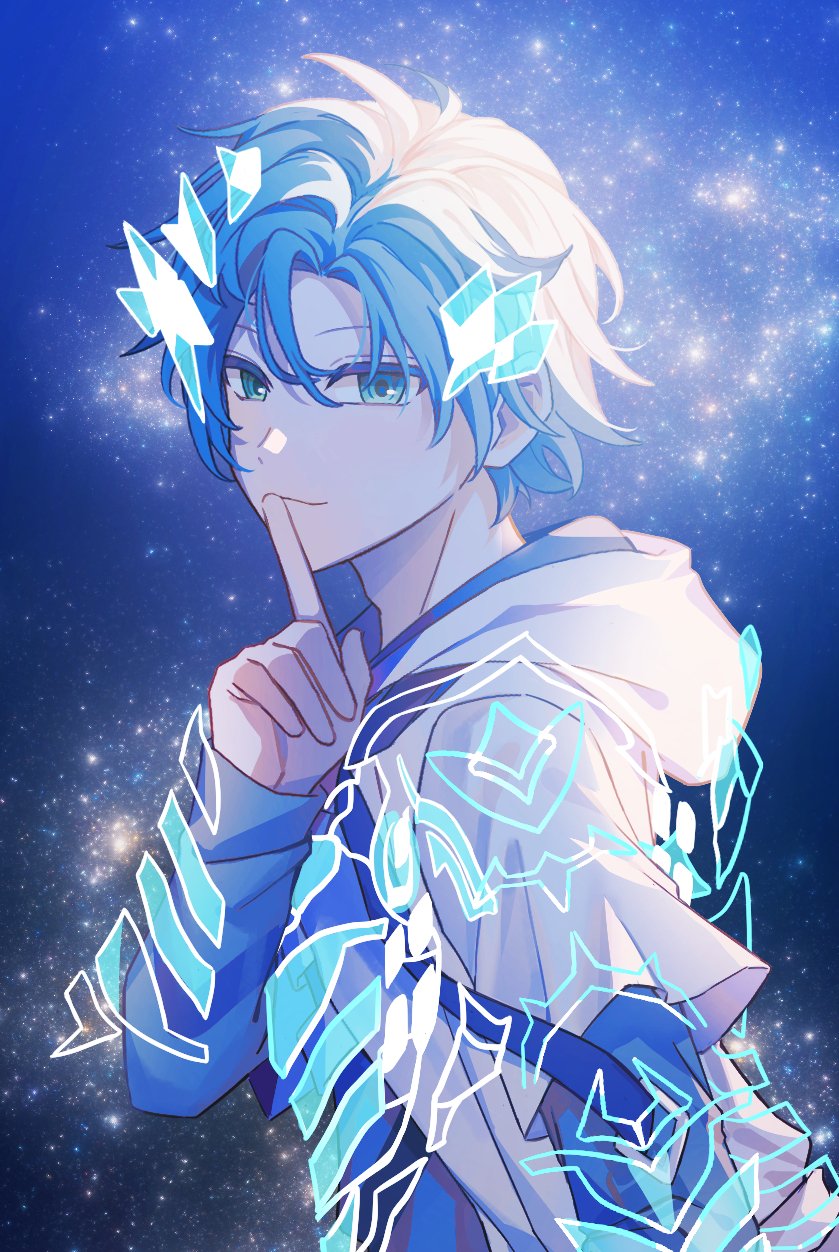 1boy arm_guards armor blue_eyes blue_hair blue_shirt burger_work drawstring finger_to_mouth from_side hair_between_eyes hair_strand highres hologram holostars holostars_english hood hood_down hooded_jacket index_finger_raised jacket layered_sleeves long_sleeves looking_at_viewer looking_to_the_side male_focus parted_bangs regis_altare shards shirt short_hair short_over_long_sleeves short_sleeves sky smile solo star_(sky) starry_sky upper_body virtual_youtuber white_jacket