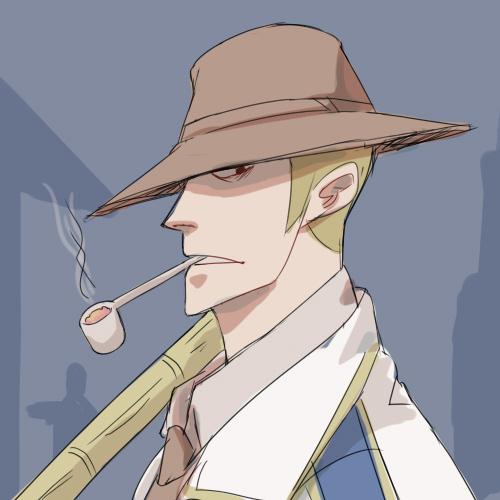 1boy blonde_hair bogard_(one_piece) brown_headwear brown_necktie from_side hat hat_over_one_eye lowres necktie one_eye_covered one_piece pipe_in_mouth rrezalyf short_hair smoking smoking_pipe solo uniform