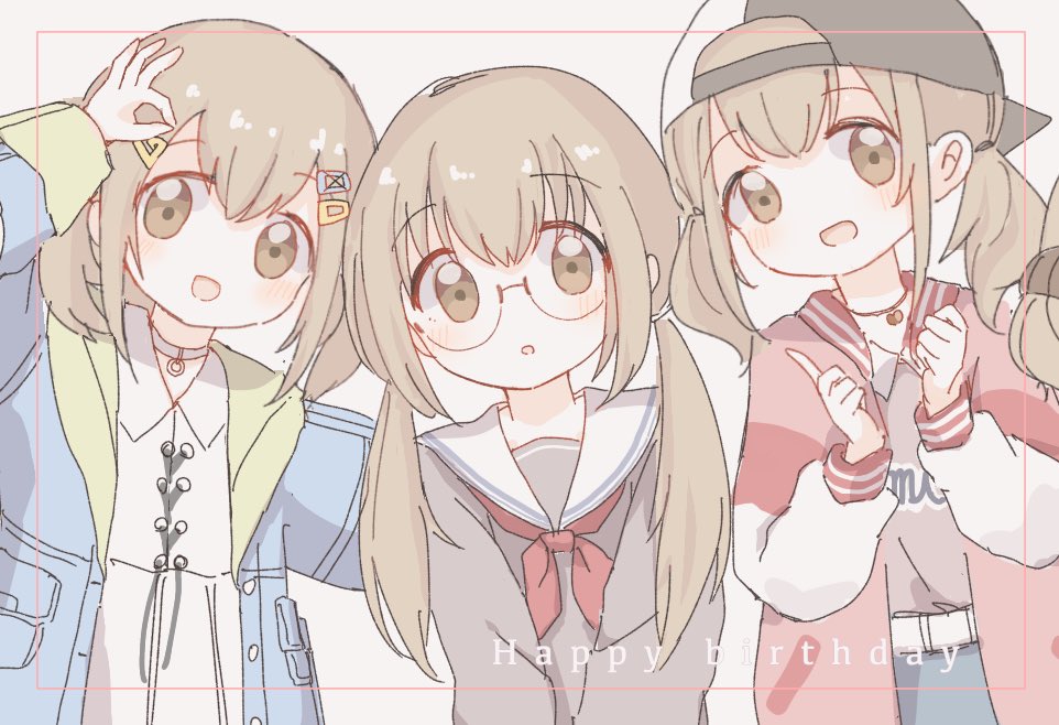 3girls :d :o azusawa_kohane backwards_hat baseball_cap belt black_headwear blue_jacket blue_skirt brown_eyes buttons casual choker clothes_writing collared_shirt commentary double-parted_bangs english_text framed glasses grey_jacket grey_serafuku grey_shirt grey_stripes hair_ornament hairclip hand_up happy_birthday hat hood hooded_jacket index_finger_raised jacket jewelry jimiko legend_still_vivid_(project_sekai) letterman_jacket light_brown_hair long_hair long_sleeves looking_at_viewer low_twintails miyamasuzaka_girls'_academy_school_uniform multicolored_clothes multicolored_jacket multiple_girls multiple_persona neckerchief no_nose ok_sign open_clothes open_jacket open_mouth parted_lips pendant pink_jacket pocket project_sekai red_jacket red_neckerchief rimless_eyewear sailor_collar school_uniform semi-circular_eyewear serafuku shirt simple_background single_stripe skirt smile streetwear striped tareme tsuchiyoko_(hamu_prsk) twintails two-tone_headwear two-tone_jacket two-tone_shirt unbuttoned upper_body white_background white_belt white_choker white_jacket white_sailor_collar white_shirt white_stripes