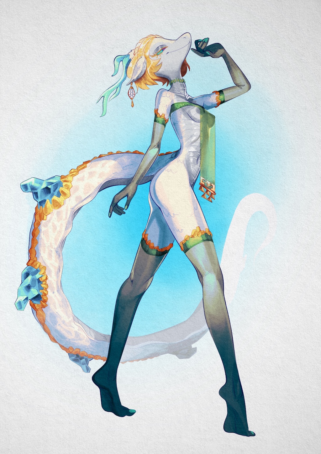 anthro blonde_hair breasts clothing dragon ear_piercing eyelashes female gloves hair handwear hi_res horn jewelry light_dragon_(totk) long_tail looking_at_viewer mostly_nude nails narrowed_eyes navel neckwear nintendo nipples piercing scalie smile smiling_at_viewer solo tail tears_of_the_kingdom the_legend_of_zelda thick_thighs white_body xu53r