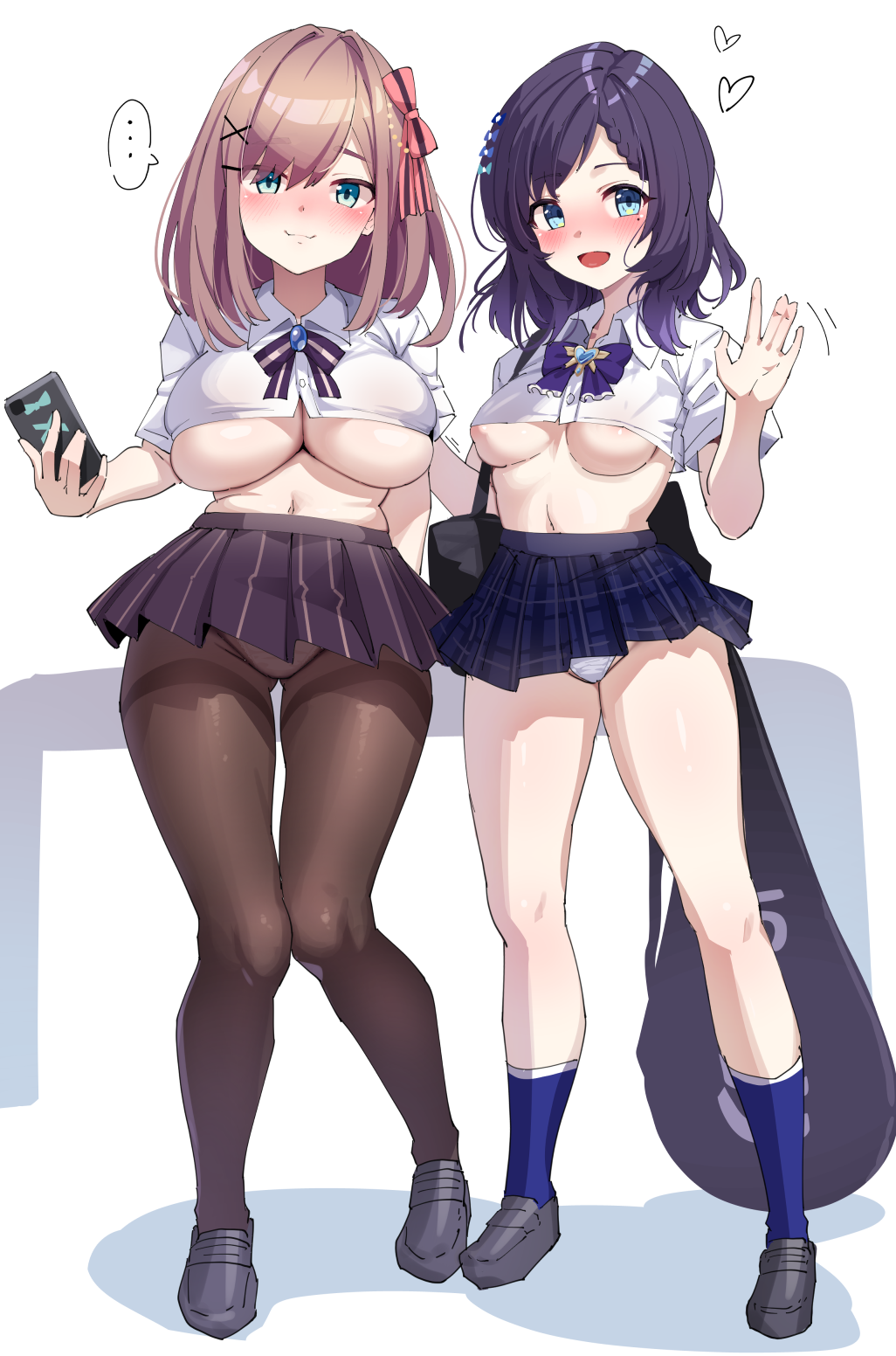 ... 2girls :d aiba_uiha aqua_eyes ayagi_daifuku black_footwear black_hair blue_skirt bow breasts brown_hair brown_pantyhose cellphone closed_mouth collared_shirt commentary_request full_body hair_bow hair_ornament hand_up highres holding holding_phone large_breasts loafers looking_at_viewer medium_breasts mole mole_under_eye multiple_girls navel nijisanji open_mouth pantyhose phone plaid plaid_skirt purple_skirt red_bow shirt shoes short_hair skirt smile spoken_ellipsis standing striped striped_bow suzuhara_lulu underboob virtual_youtuber white_shirt x_hair_ornament