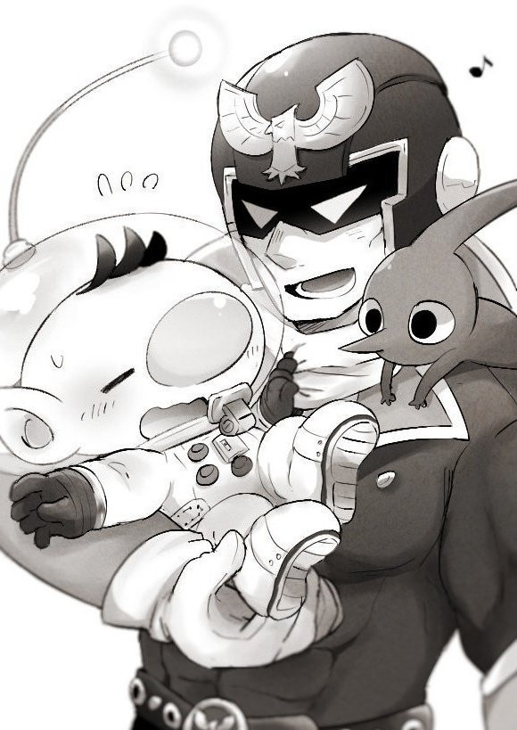 2boys alien animal_print belt big_nose bird bird_print blush buttons captain_falcon closed_eyes creature creature_on_shoulder elbow_gloves f-zero falcon flying_sweatdrops gloves greyscale helmet jacket long_sleeves looking_at_another lower_teeth_only lying monochrome multiple_boys musical_note no_mouth olimar on_shoulder on_stomach outstretched_arm patch pectorals pikmin_(creature) pikmin_(series) pointy_ears pointy_nose radio_antenna red_pikmin scarf short_hair smile space_helmet spacesuit super_smash_bros. sweatdrop teeth ukyo_(80123) upper_body very_short_hair wavy_mouth whistle yaoi