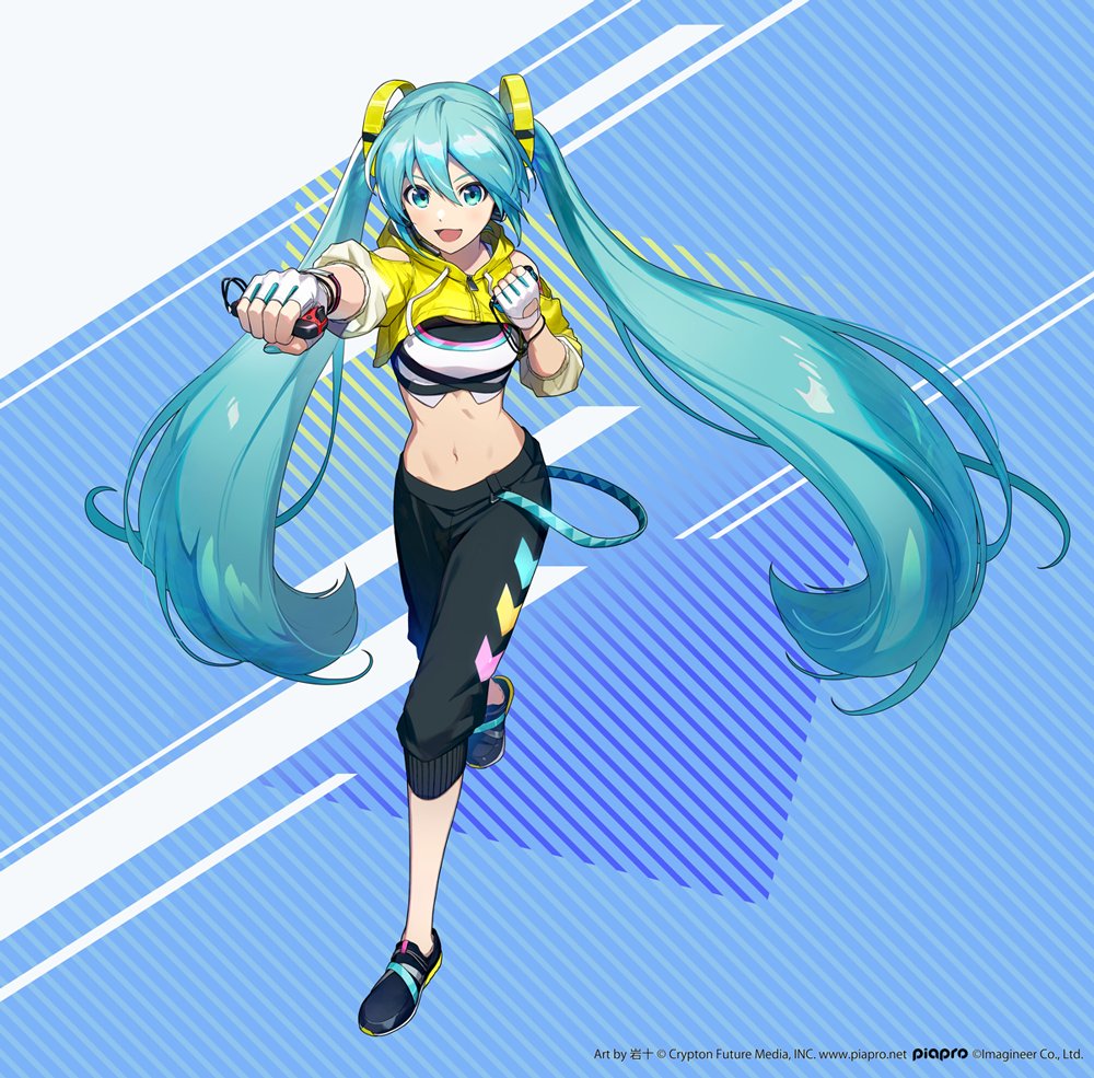 1girl aqua_eyes aqua_hair aqua_nails bare_shoulders black_footwear black_pants blue_background boxing clenched_hands clothing_cutout commentary cropped_jacket crypton_future_media fingerless_gloves fitness_boxing foreshortening full_body gloves hair_ornament handheld_game_console hatsune_miku holding holding_handheld_game_console iwato1712 jacket lanyard light_smile long_hair midriff nail_polish navel nintendo_switch official_art open_mouth outstretched_arm pants piapro shoulder_cutout solo sports_bra standing standing_on_one_leg striped striped_background track_pants twintails v-shaped_eyebrows very_long_hair white_gloves yellow_jacket