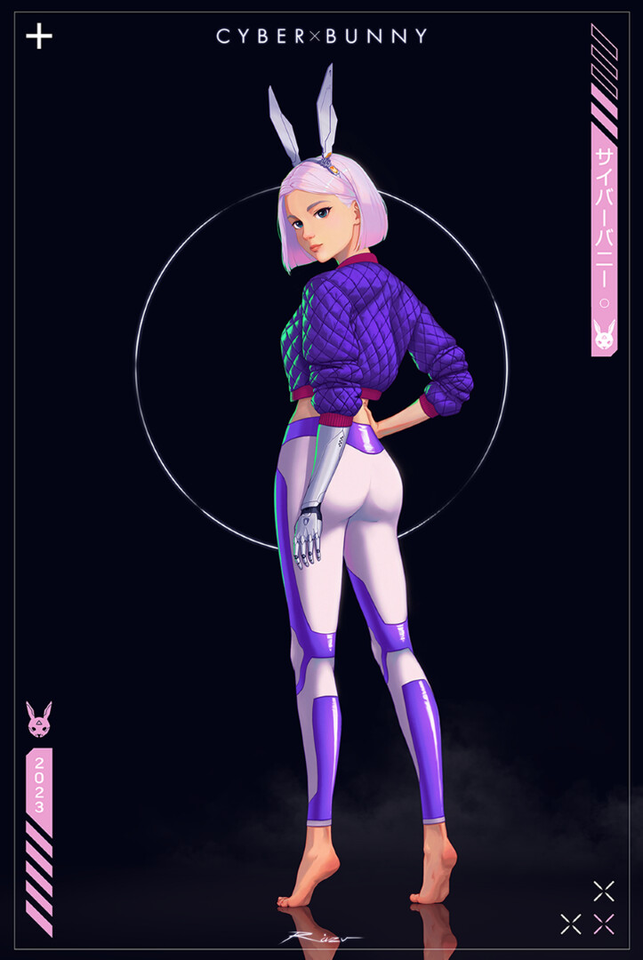 1girl animal_ears blue_eyes cyberpunk_(series) cyberpunk_edgerunners from_behind pants pink_hair prosthesis prosthetic_arm rabbit_ears razv.art short_hair simple_background solo_focus sweater_vest tight_clothes tight_pants tiptoes