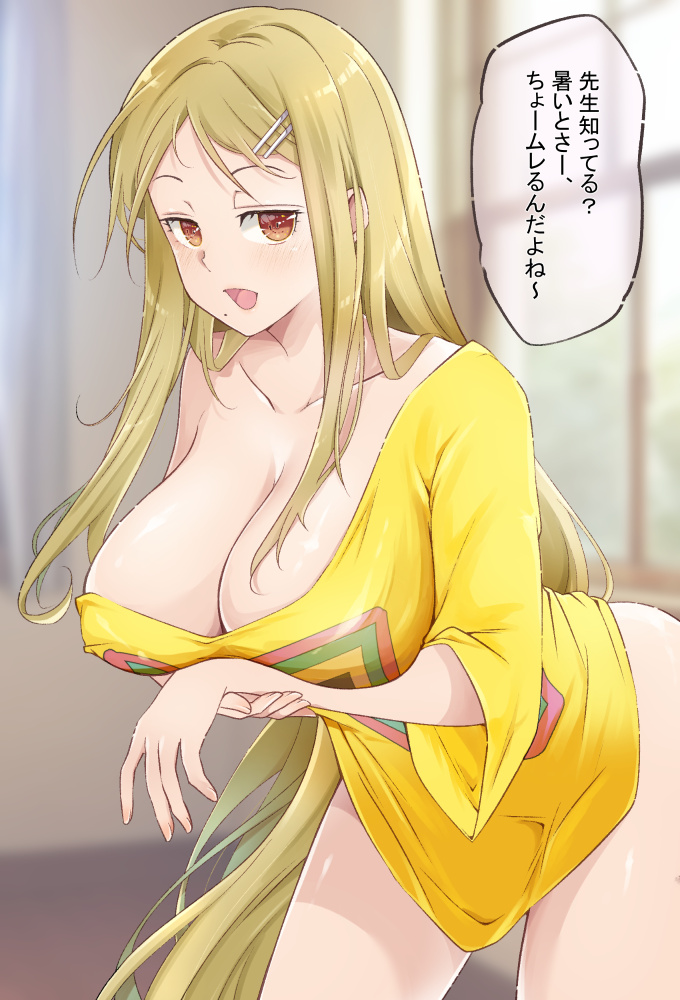 1girl alternate_costume blonde_hair blush breasts casual cleavage collarbone curtains hair_ornament hairclip half-closed_eyes indoors kinako_(mzknk0) large_breasts long_hair looking_at_viewer mole mole_under_mouth naked_shirt open_mouth parted_bangs red_eyes senran_kagura senran_kagura_shinovi_versus shiki_(senran_kagura) shiny_skin shirt smile solo speech_bubble standing tongue translation_request very_long_hair window yellow_shirt