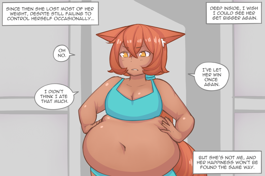 animal_humanoid belly big_belly big_breasts bottomwear breasts canid canid_humanoid canine canine_humanoid cleavage clothed clothing comic dark_body dark_skin dialogue female fox_humanoid hair humanoid inner_monologue mammal mammal_humanoid navel orange_eyes orange_hair overweight overweight_female overweight_humanoid pixiveo solo speech_bubble tail text topwear zina_(pixiveo)